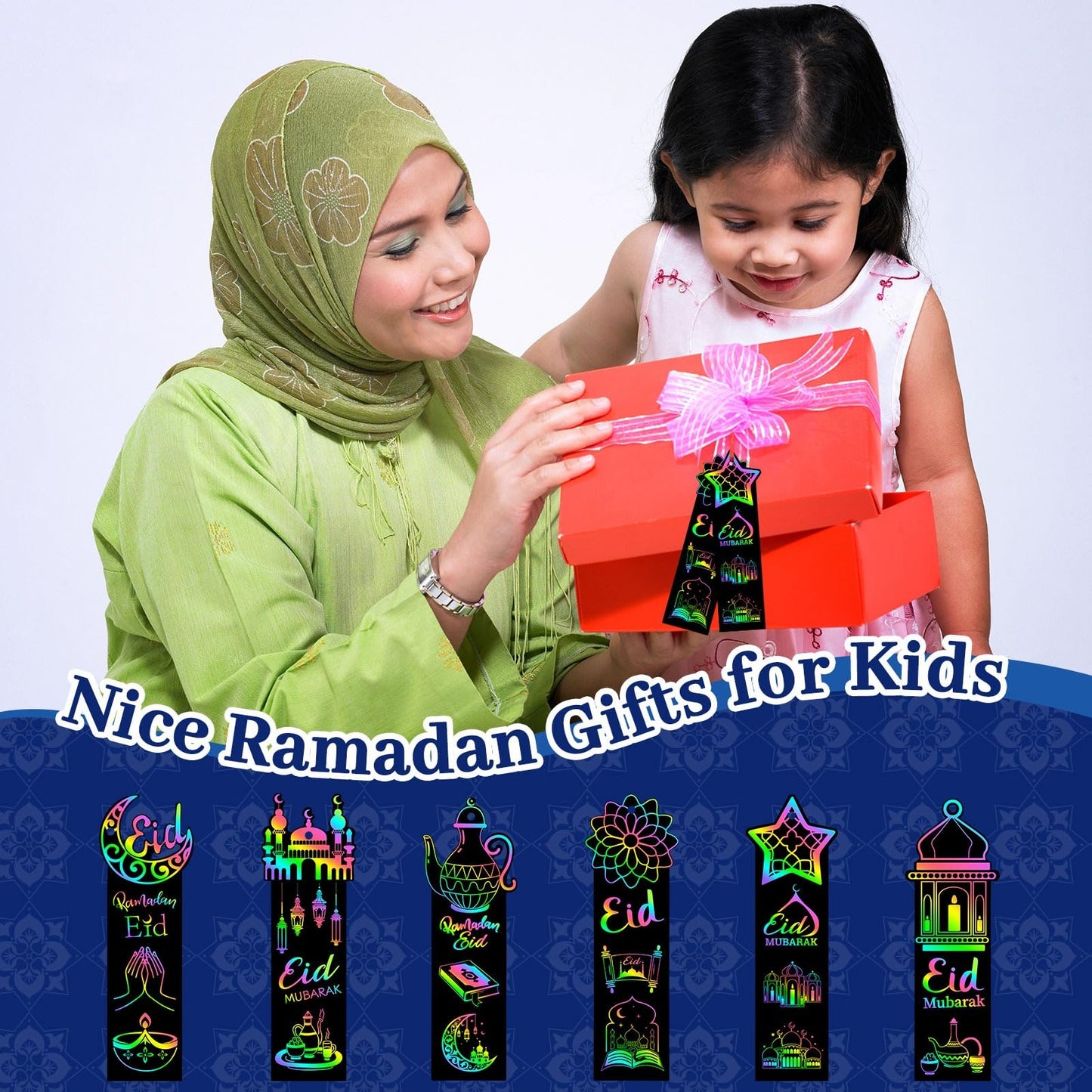 96Pcs Ramadan Crafts for Kids, Magic Rainbow Scratch Art Eid Bookmarks for Kids Ramadan Gifts Eid Activities for Kids Ramadan Arts and Crafts Eid Party Favors Hanging Ornaments