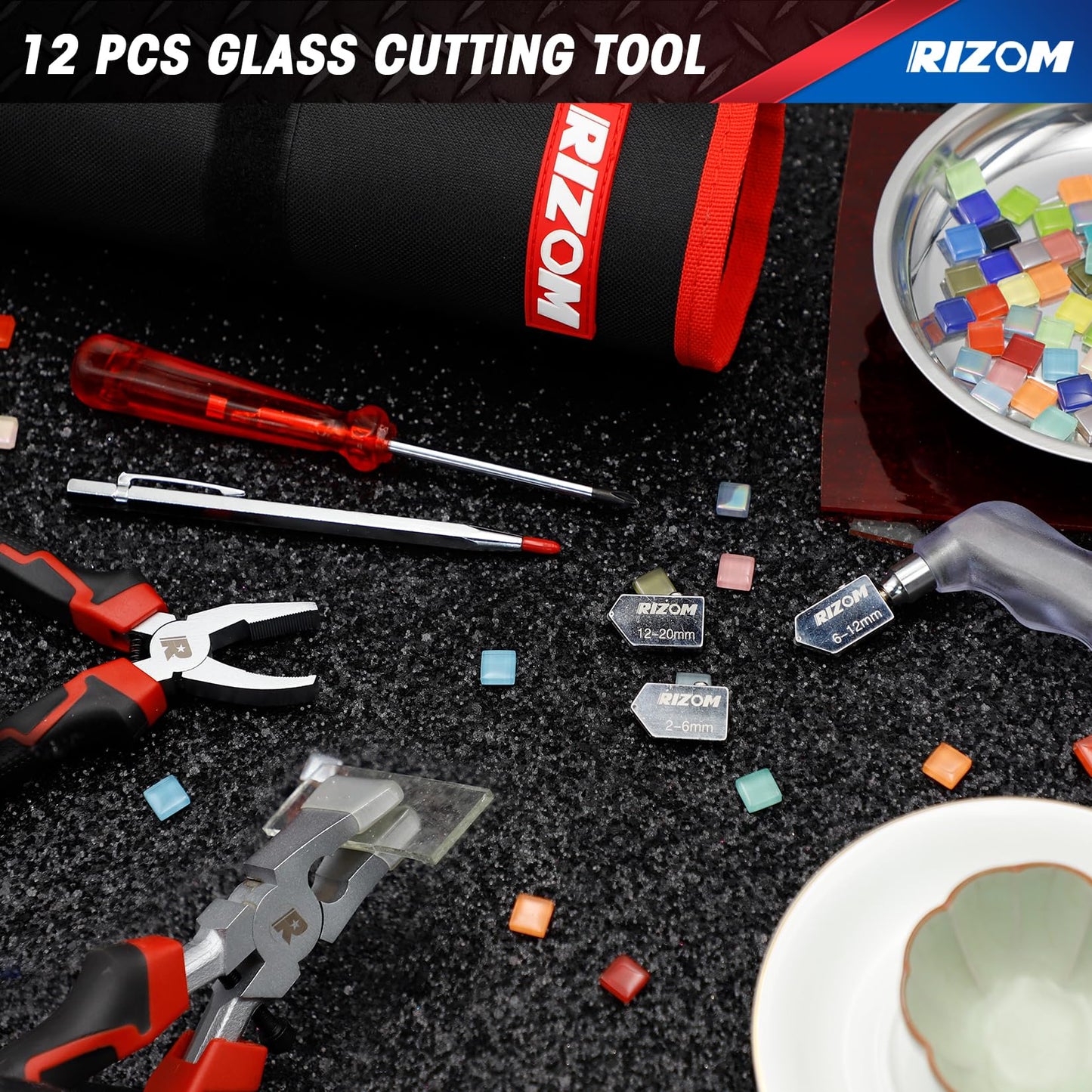 Glass Cutters Tools, Glass Cutter 2-20MM, 8" Glass Running Pliers with Curved Jaws, 6" Breaker Grozer Pliers, Glass Cutting Tool for Stained Glass, Tiles, Mosaic Cutting