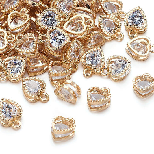 100pcs Cubic Zirconia Alloy Charms Heart Shaped KC Gold Pendants for Jewelry Making Choker Tiny Dangle Accessories Valentine's Day Wedding