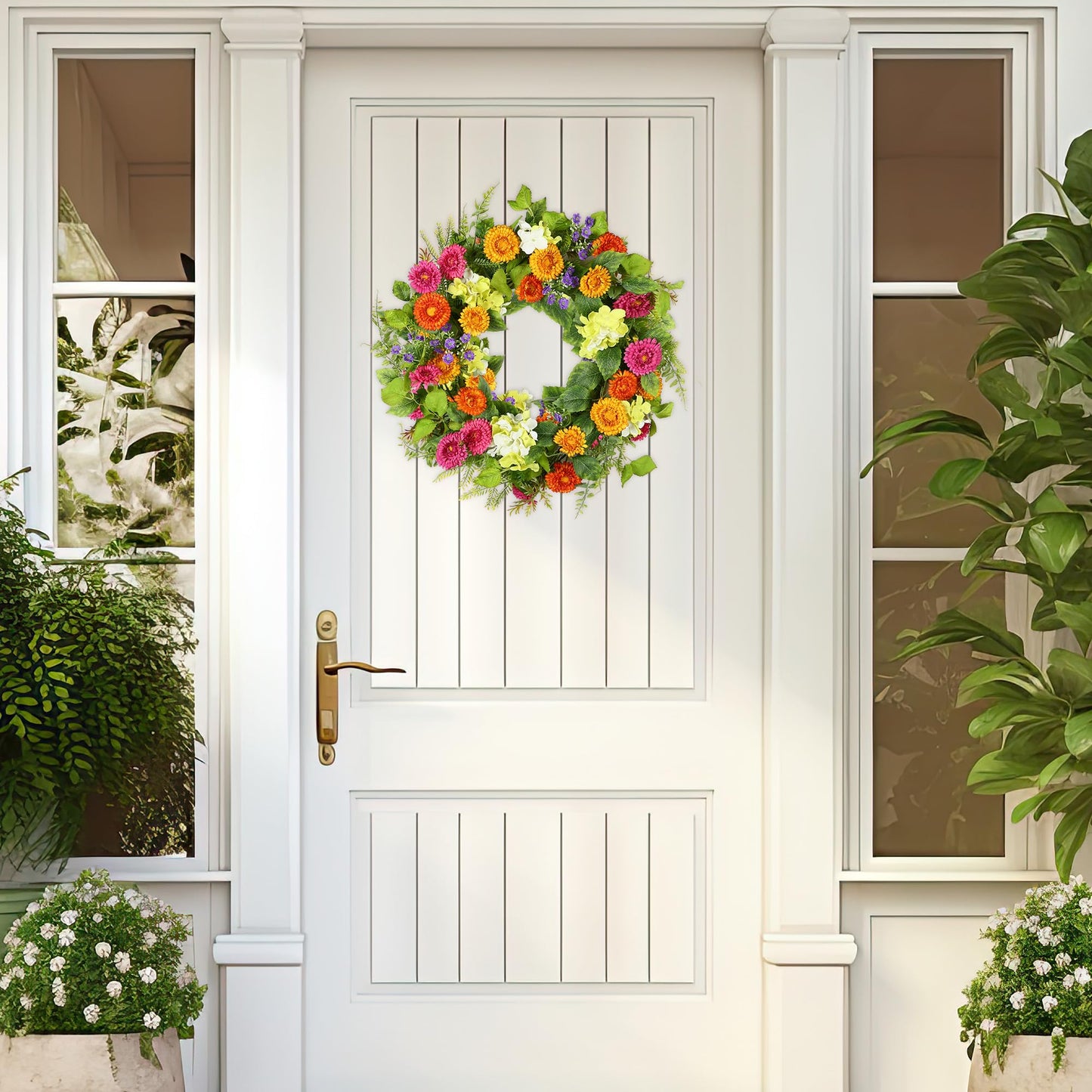 YNYLCHMX 18" Spring Summer Wreaths for Front Door, Artificial Floral Wreath with Daisy Flowers Green Tea Leaves, Green Foliage Wreath for Wall Window Farmhouse Party Holiday Home Decor
