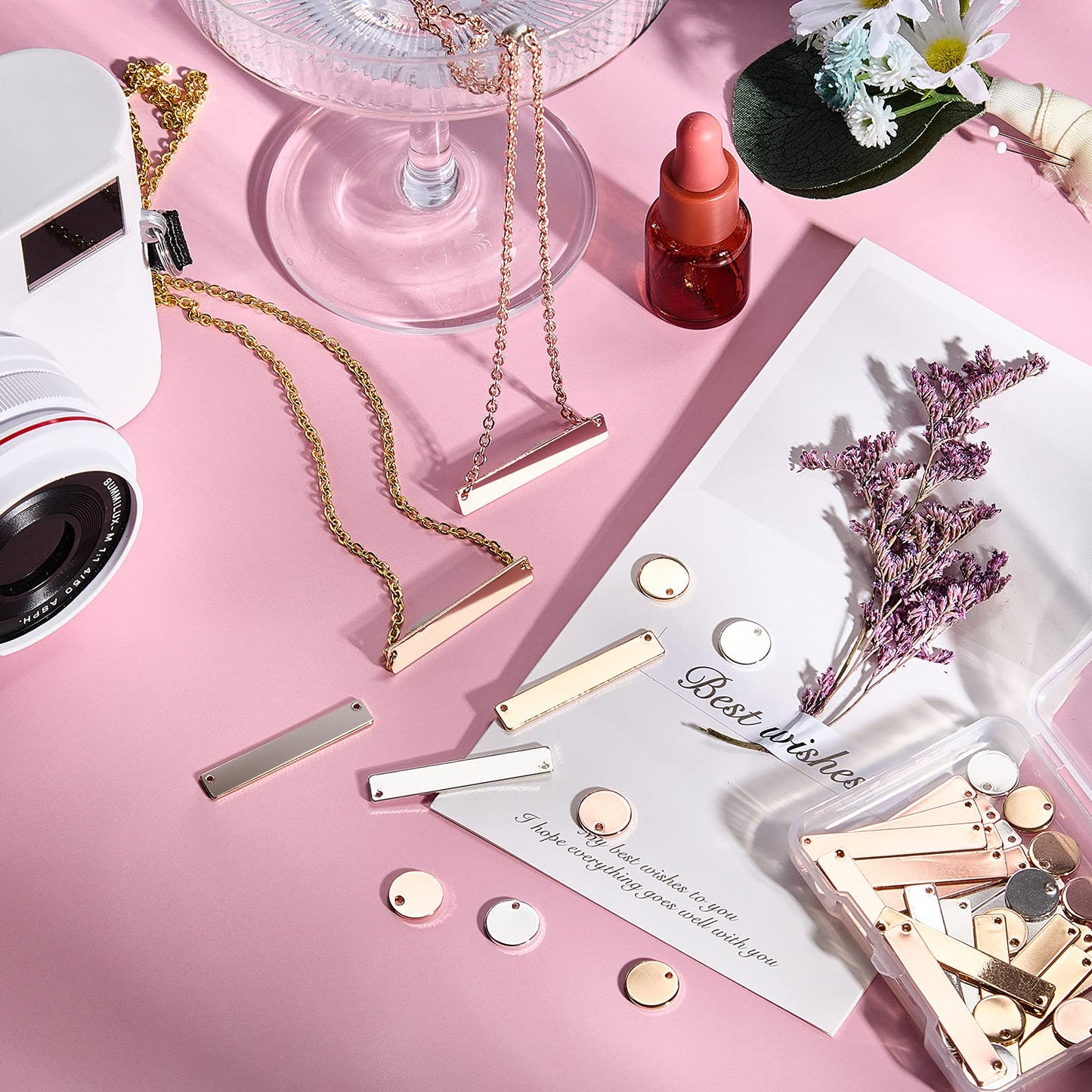 30 Pcs Metal Stamping Blank Tag Pendants for Jewelry Engraving includes 15 Rectangle Stamping Blank Bar Charms Brass Tag, 15 Round Blank Name Pendant for DIY Craft