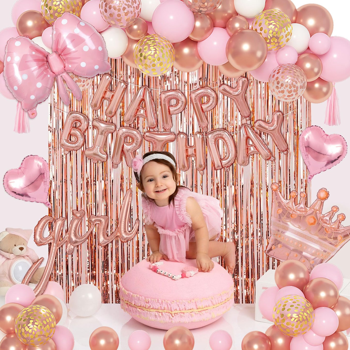 Ouddy Life Rose Gold Birthday Decorations for Women Girls, Happy Birthday Champagne Bottle Crown Heart Bow Foil Confetti Balloons Fringe Curtains Paper Tassel for 16th 18th 21st 24th Birthday Decor