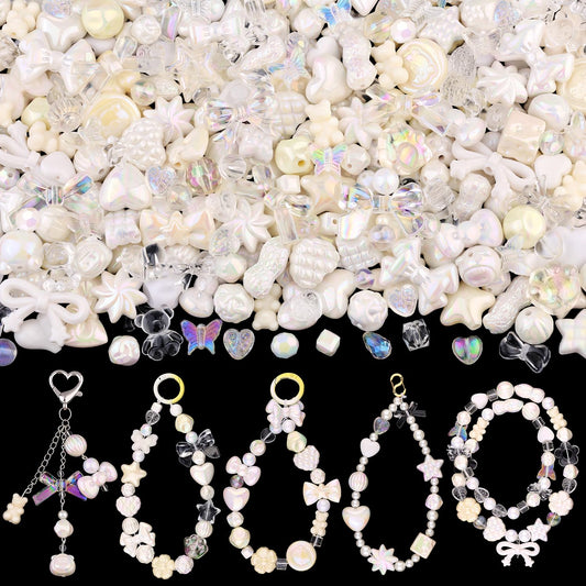 TINKRSTUFF Assorted 170-230PCS White Acrylic Beads for Bracelet Making, Flower Bow Butterfly Candy GummyBear Aesthetic Bracelet Charms,Cute Beads for Jewelry Making DIY Necklace Keychain Phone Charm