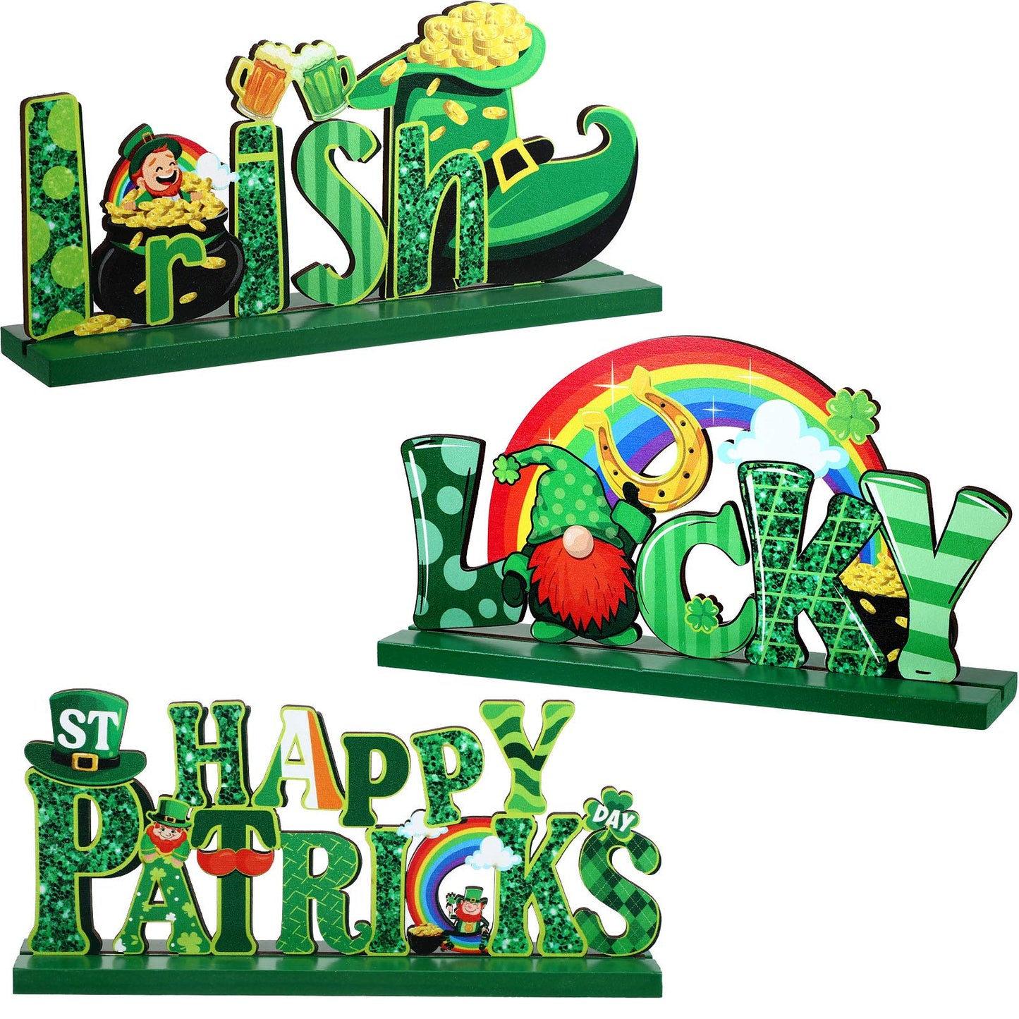 3 Pieces St. Patrick's Day Table Decoration Shamrock Sign Centerpieces Leprechaun Decoration Wooden Irish Themed Decor for St. Patrick's Day Dinner Coffee Tier Tray, 7.87 x 4.72 Inch