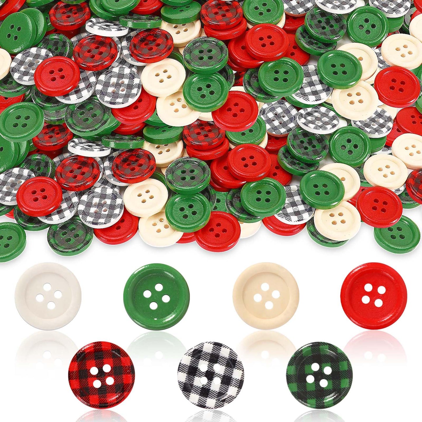 JUNEBRUSHS 260pcs Christmas Buffalo Plaid Wooden Buttons 4 Holes Round Wood Sewing Buttons for Christmas Stocking Decorative DIY Sewing Crafts Handmade Projects