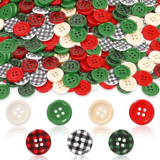 JUNEBRUSHS 260pcs Christmas Buffalo Plaid Wooden Buttons 4 Holes Round Wood Sewing Buttons for Christmas Stocking Decorative DIY Sewing Crafts Handmade Projects