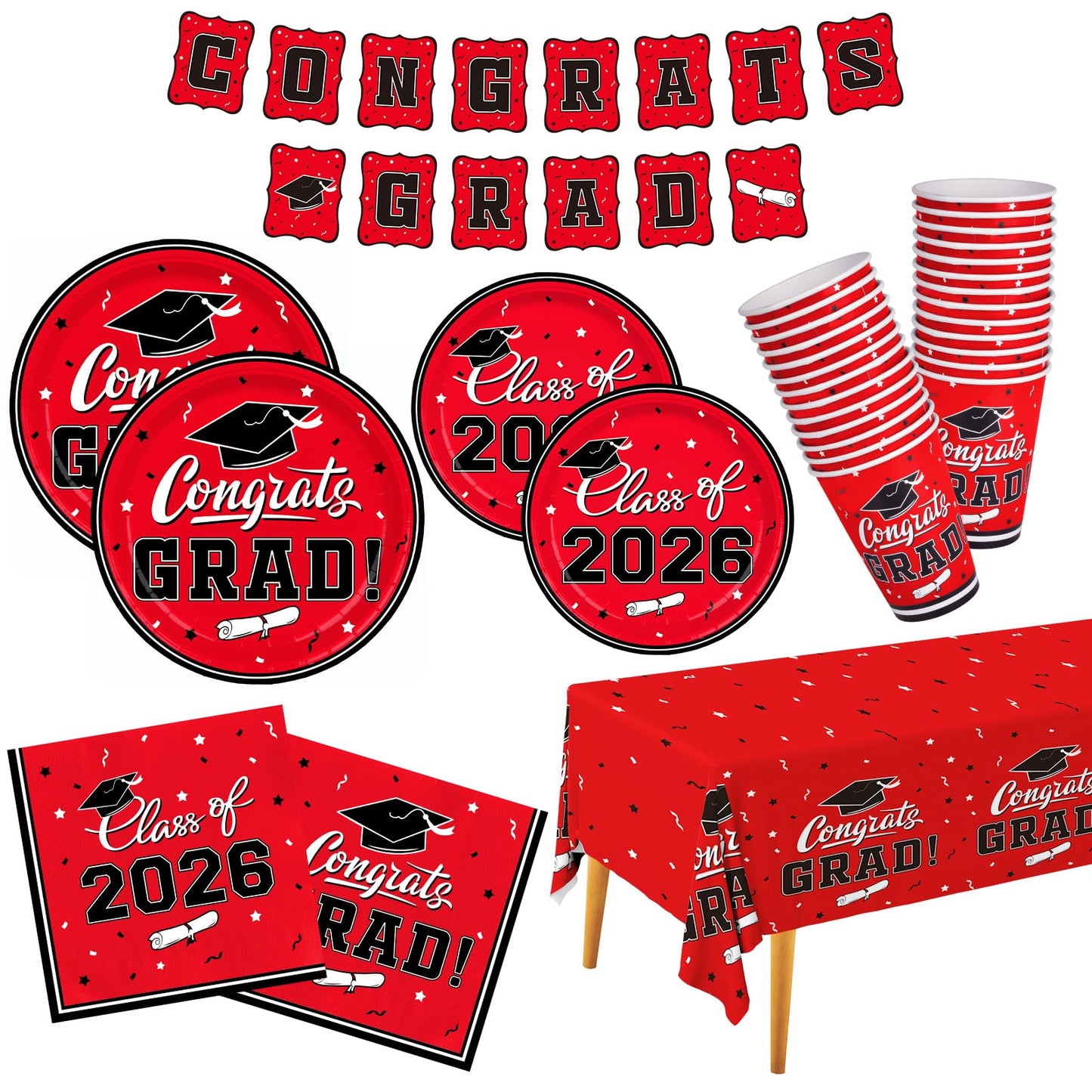 Graduation Decorations class of 2026 Gatherfun Congrats Grad Party Dinnerware Set Red Disposable Paper Plates Napkins Cups Tablecloth Banner for Graduation Decorations 2026 deals, Serve 25