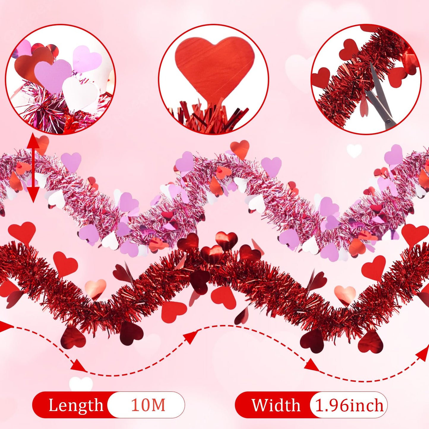 66 Feet Valentine Tinsel Garland Decoration 2 Pack Hanging Metallic Red Pink Heart Garland for Mantle Wedding Festival Valentine's Day Indoor Outdoor Decor