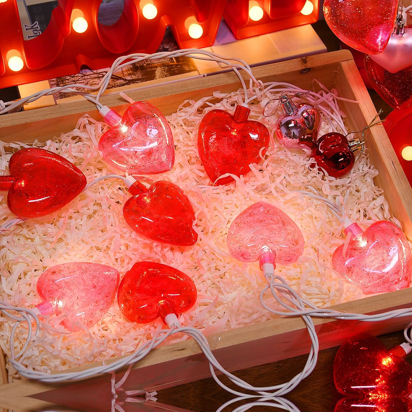 LED Valentines Day Lights - 8.5Ft Led Red and Pink Heart String Lights with Sequins, Plug in Valentine Day Heart Lights Outdoor Waterproof for Valentines Day Decorations for the Home & Party, 0.48W