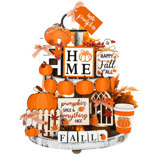 Set of 15 Fall Tiered Tray Decor Pumpkins Farmhouse Decor Autumn Maple Leaf Table Centerpieces Thanksgiving Harvest Wood Blocks Signs for Home Decor(Cute Style)
