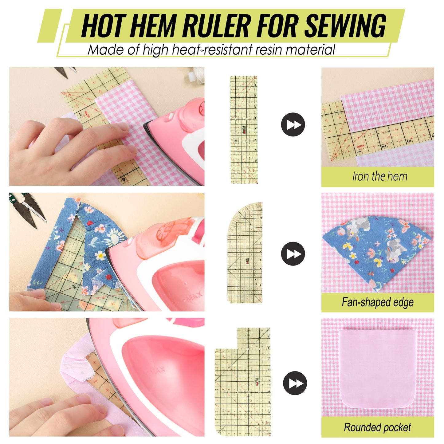 3 Pieces Hot Hem Ruler for Sewing Ruler Heat Resistant Ruler for Quilting and Sewing Tool Thin Pattern Making Clean Measuring Non-Slip Pressing Tool