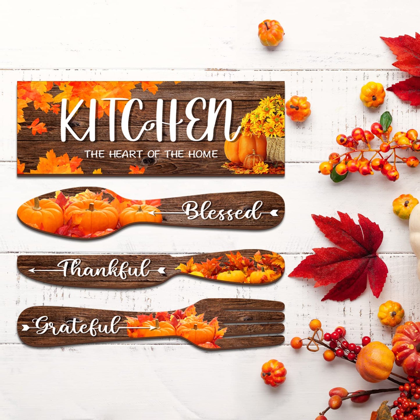 YLOLUL 4 Pieces Fall Pumpkin Kitchen Decor Eat Sign Set Fork and Spoon Wooden Hanging Wall Decor Art Rustic Country Farmhouse Kitchen Maple Fall Wall Art Sign for Dining Room Home