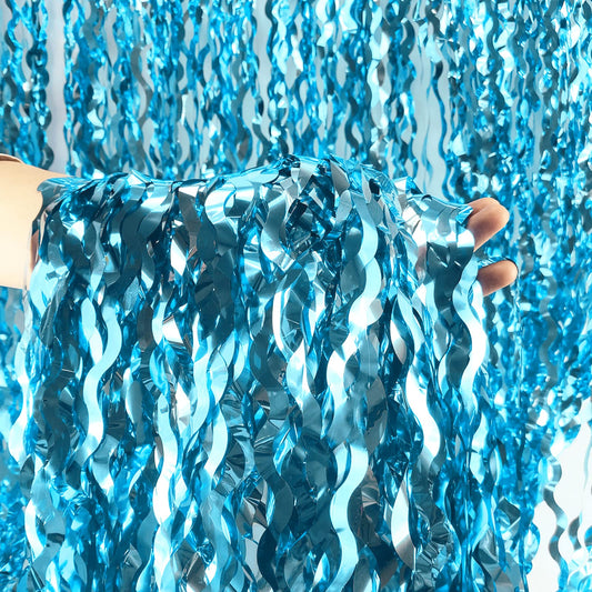 Wavy Tinsel Foil Fringe Curtains 3 pcs Teal Blue Backdrop for Mermaid Birthday,Under The Sea Party,Baby Shark Birthday Decorations(3.2 ft x 6.6 ft)