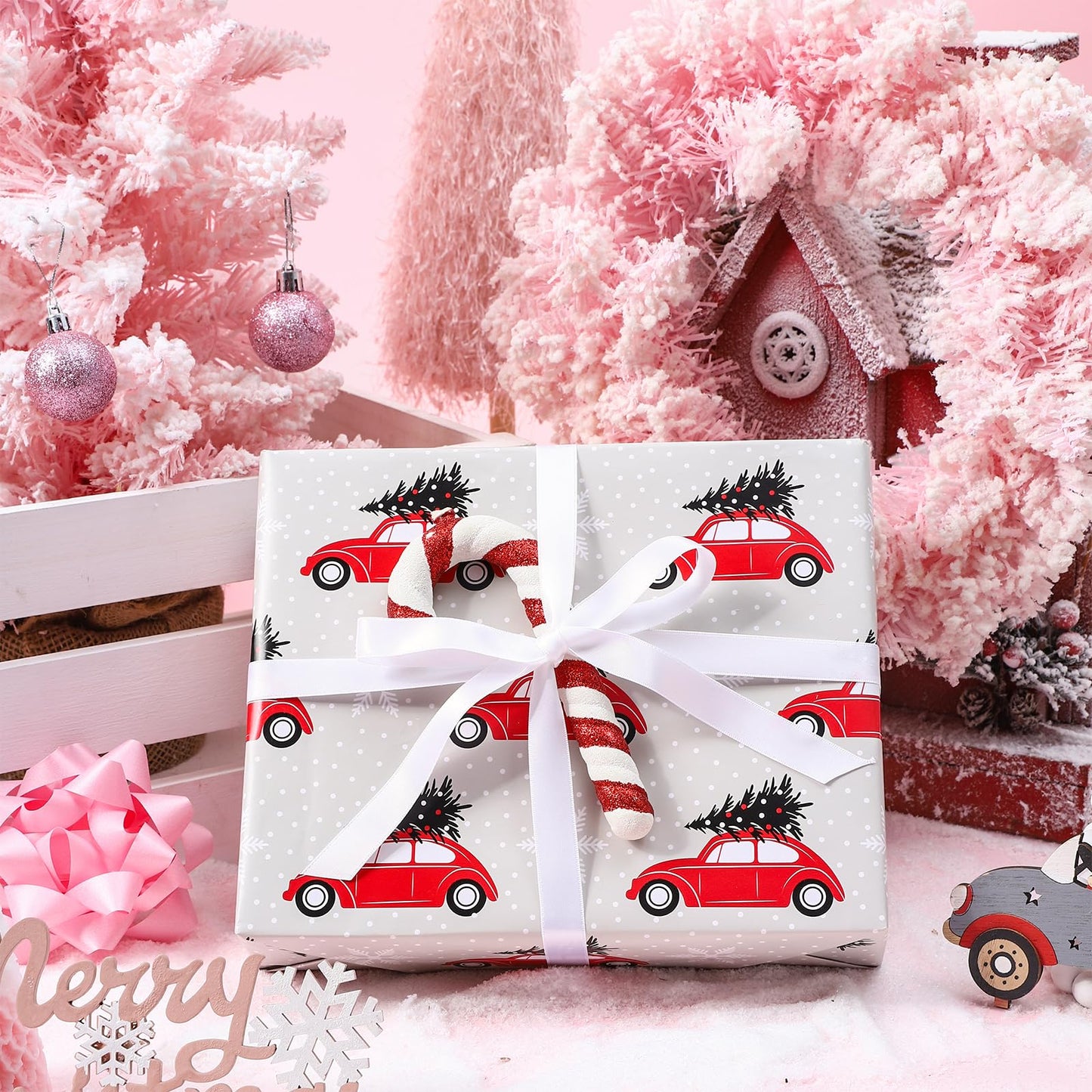 Reversible Wrapping Paper Roll, Mini Roll, Christmas Red Car and Christmas Wishes Pattern Gift Wrap Paper for Kids, Friends, Family, Xmas, Party, Holiday, 17.5 Inches X 32.8 Feet
