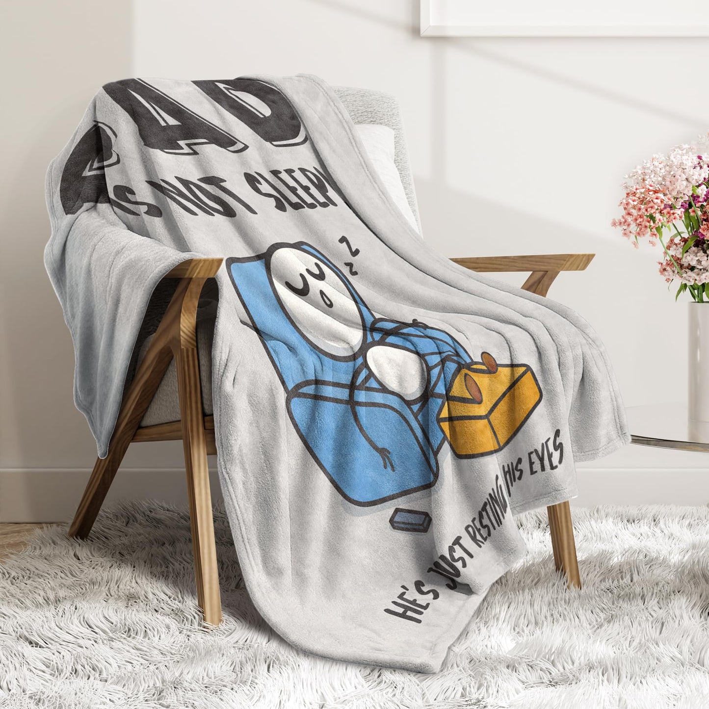 GoMelley Funny Fathers Day Birthday Gift for Dad Husband, Dad is Not Sleeping Blanket, Dads Gifts from Daughter Son, Super Soft Throws Blanket for Couch and Napping, 60" x 50" (Gray)