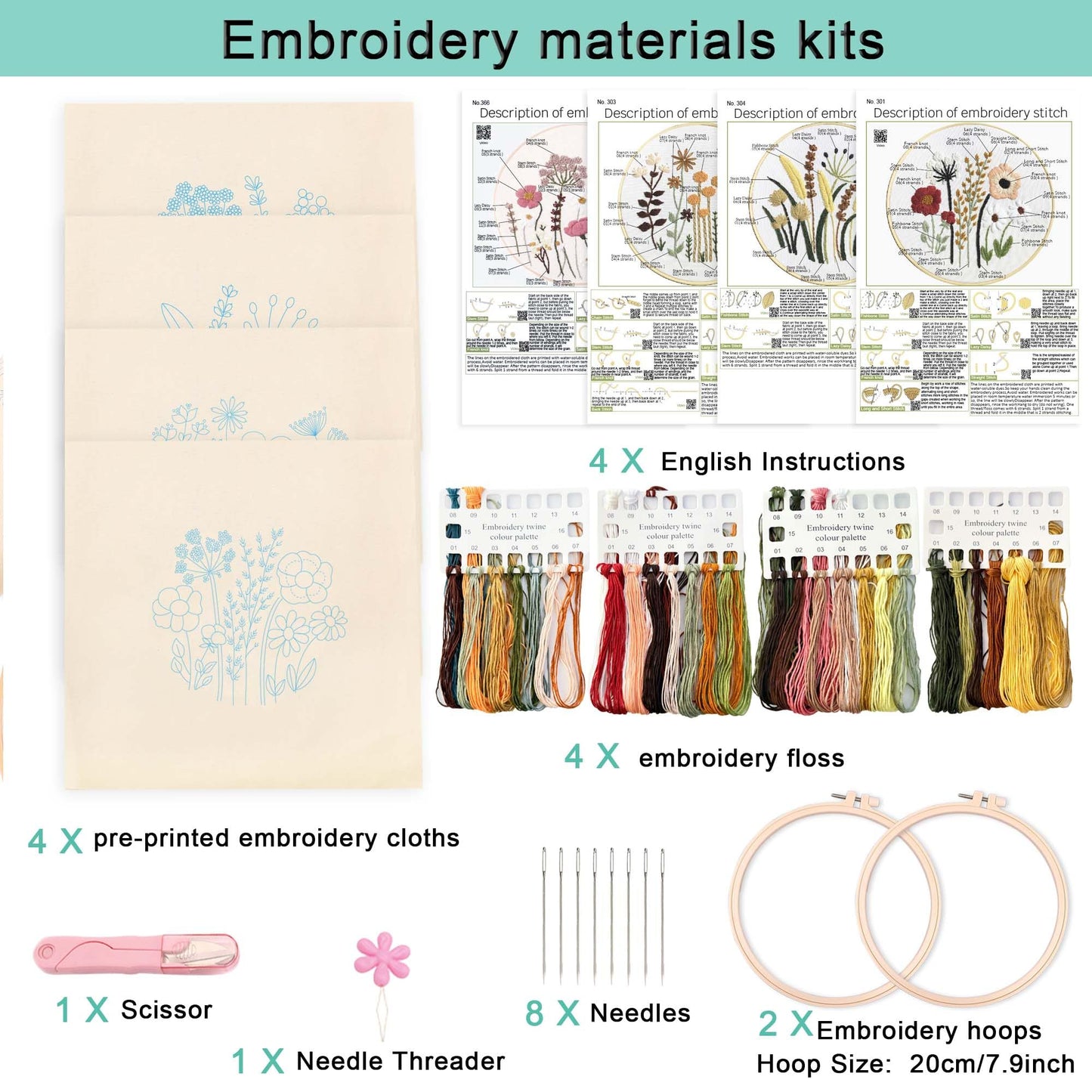4ps Embroidery Starter kit with Flowers Patterns and Instructions, DIY Adult Beginner Cross Stitch Kits, Including 2 Plastic Embroidery Hoop, 1 Pair of Scissors, Colored Threads and Needles
