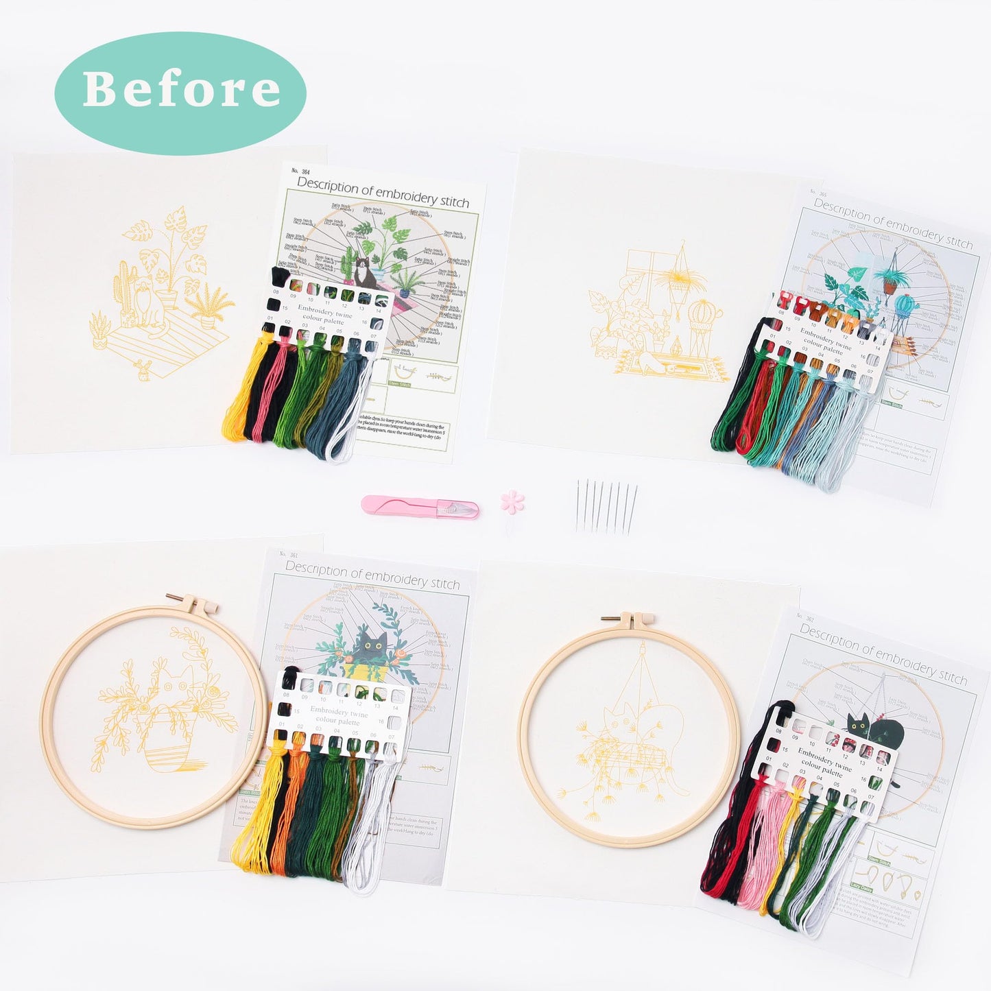 REEWISLY 4 pcs of Embroidery Starter kit with Patterns and Instructions, DIY Adult Beginner Cross Stitch Kits, Including 2 Plastic Embroidery Rings, 1 Pair of Scissors, Colored Threads and Needles