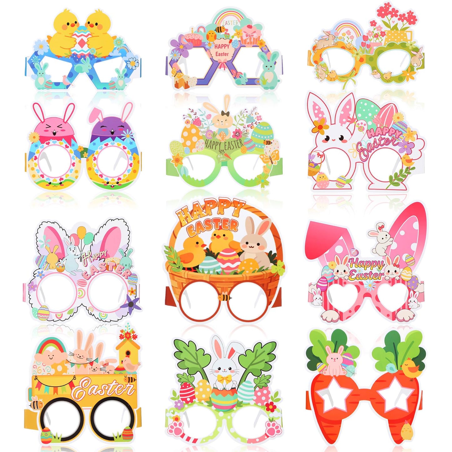 36 Pcs Happy Easter Party Paper Glasses Frame Bulk 7 Inch Easter Glasses Bunny Ears Chick Eggs Decoration Photo Booth Props Basket Stuffers for Adult Eyeglasses Party Favor