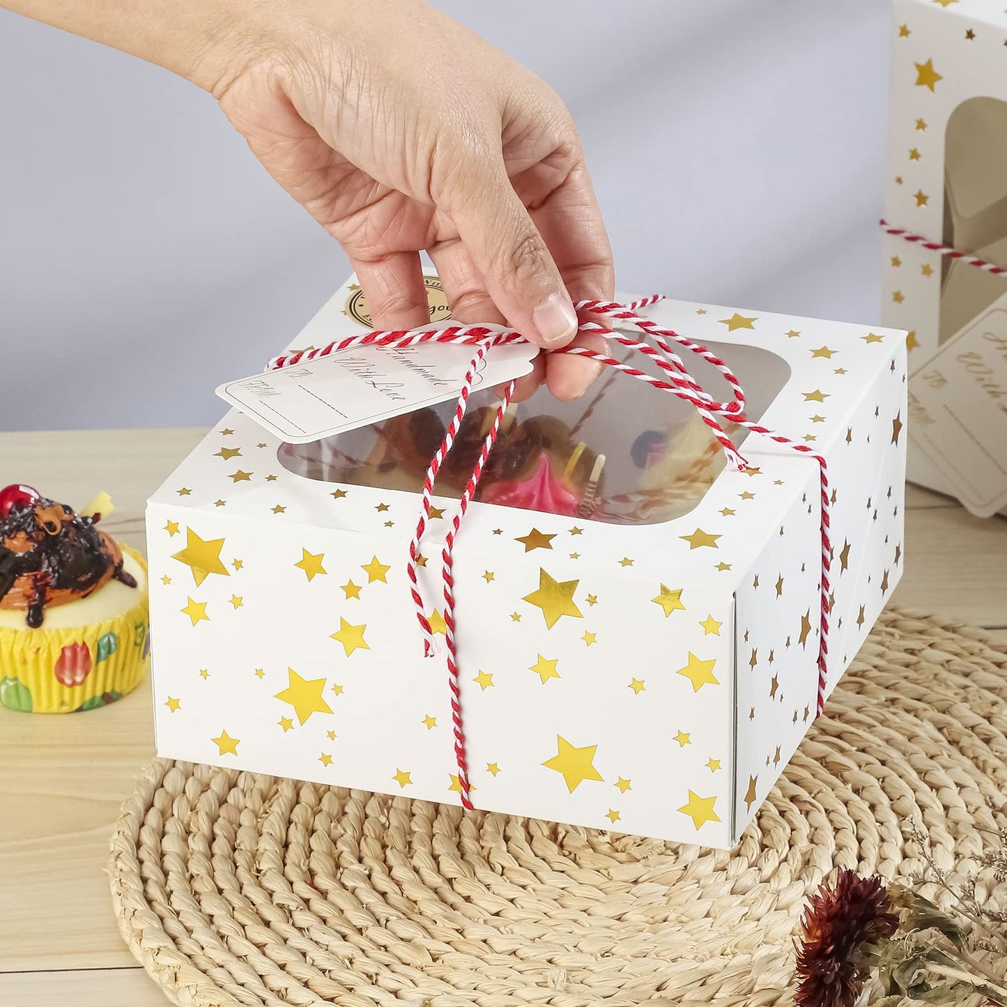 24 Pack 6X6X3 Christmas Cookie Boxes for Gift Giving Gold Foil Star White Bakery Boxes with Window 6 Inch Small Treat Boxes for Mini Cake Pastry Dessert Cupcakes Candy Donut Packaging