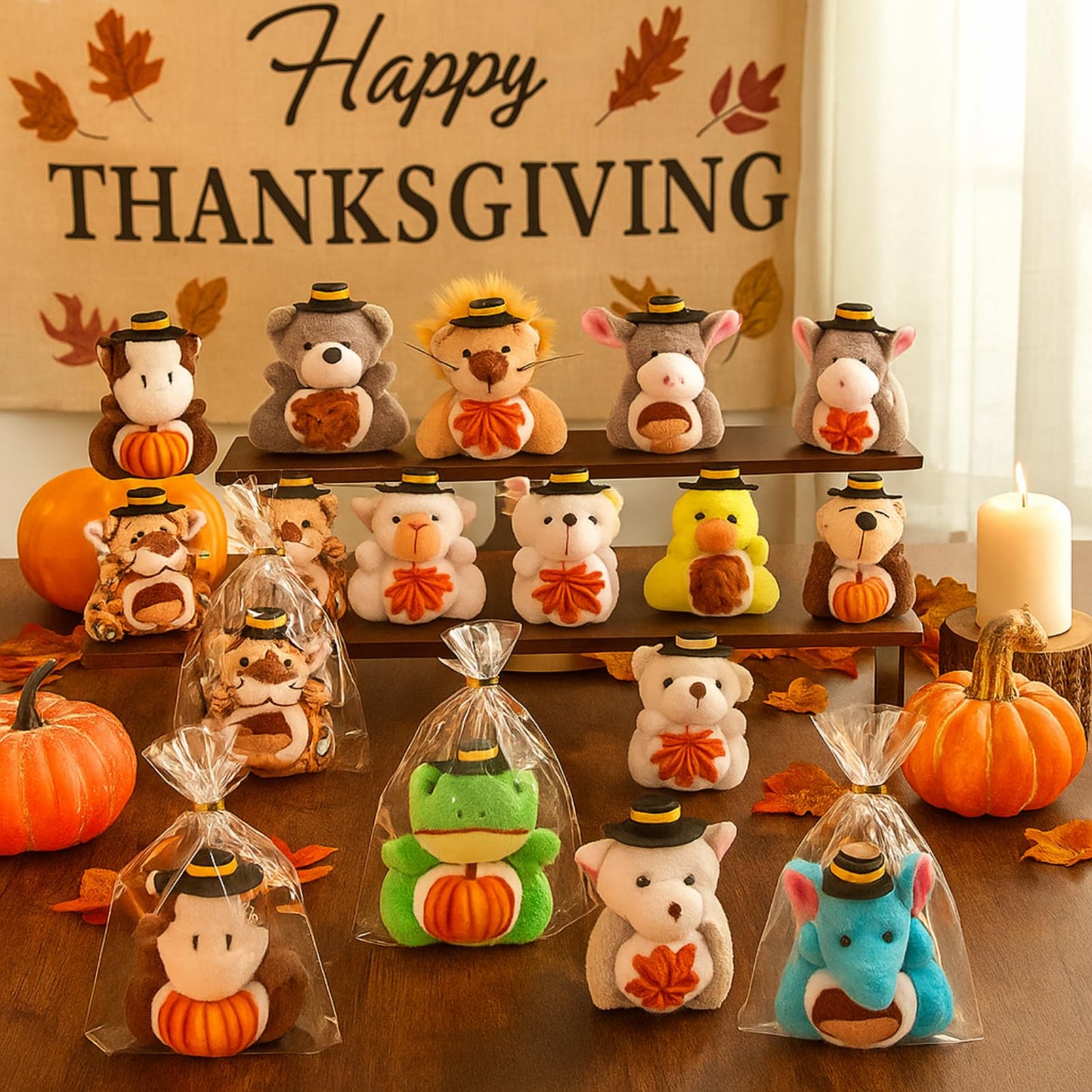 24 Mini Thanksgiving Stuffed Animal Set Fall Small Thanksgiving Stuffed Animal Bulk Autumn Plush Toy Keychain Decor for Fall Party Favors Tree Ornament Goodie Bag Fillers Gift 3 Inch
