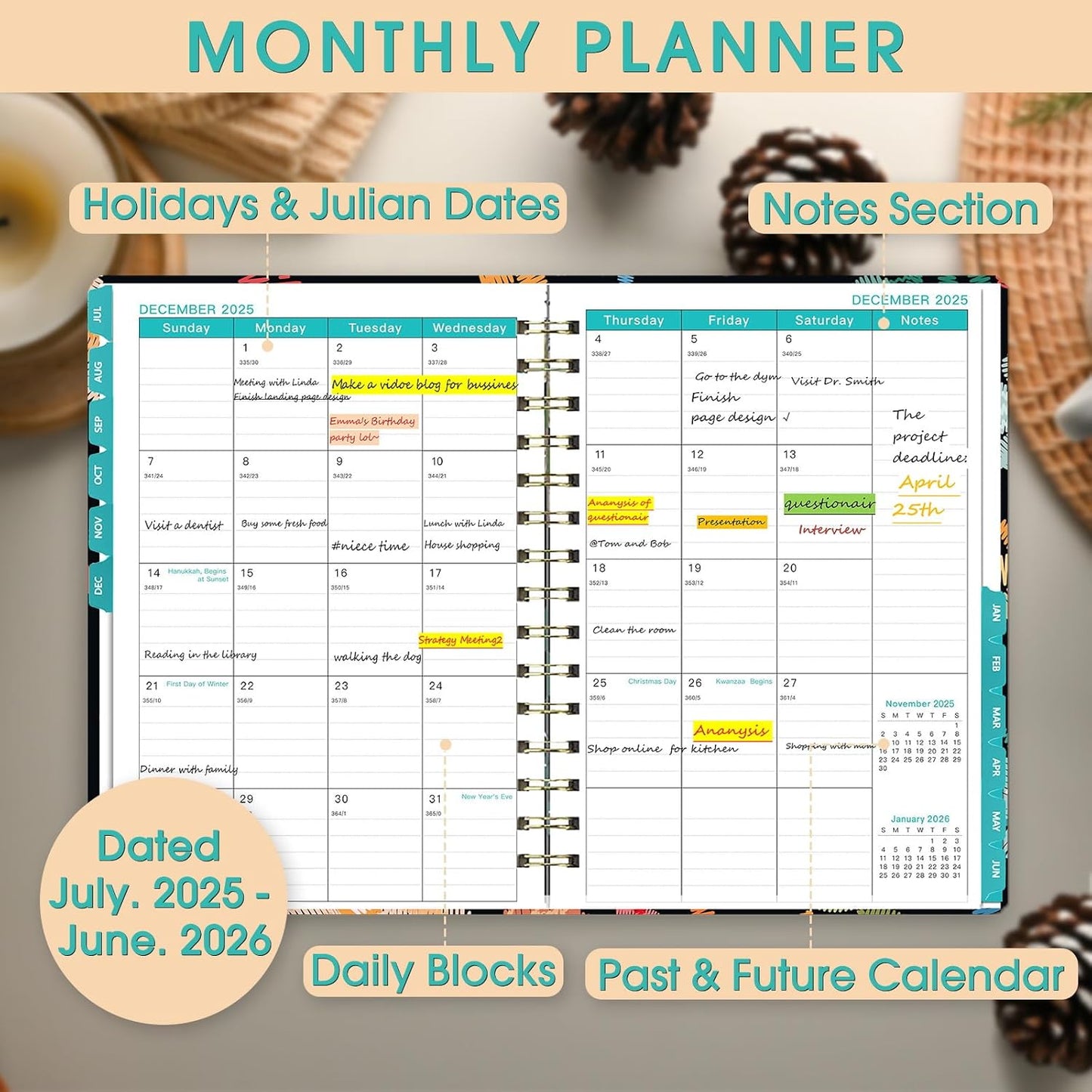 2025-2026 Planner, 12-Month Daily Weekly Monthly Planner from JUL.2025 to JUN.2026, 8.4" X 6", Spiral Notebook with Stickers, Elastic Closure, Inner Pocket for Office School Supplies