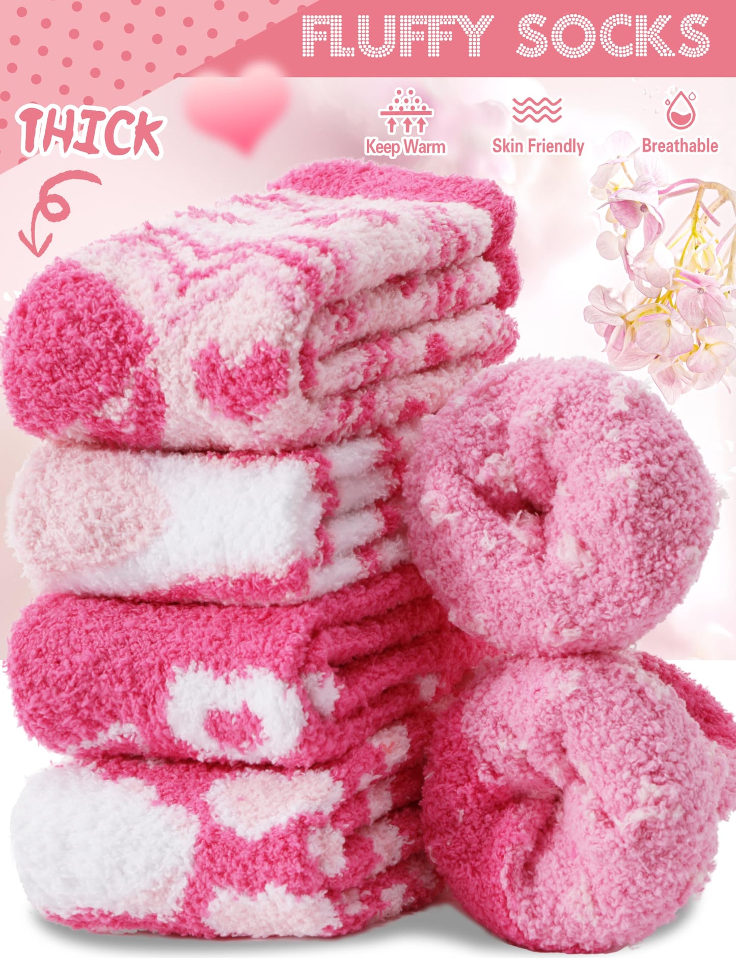 Fuzzy Socks for Women Galentines Day Gifts Fluffy Thick Warm Winter Soft Cozy Plush Fleece Sleep Home Cabin House Pink Heart Stocking Stuffers 5 Pairs(Pink Heart,M)