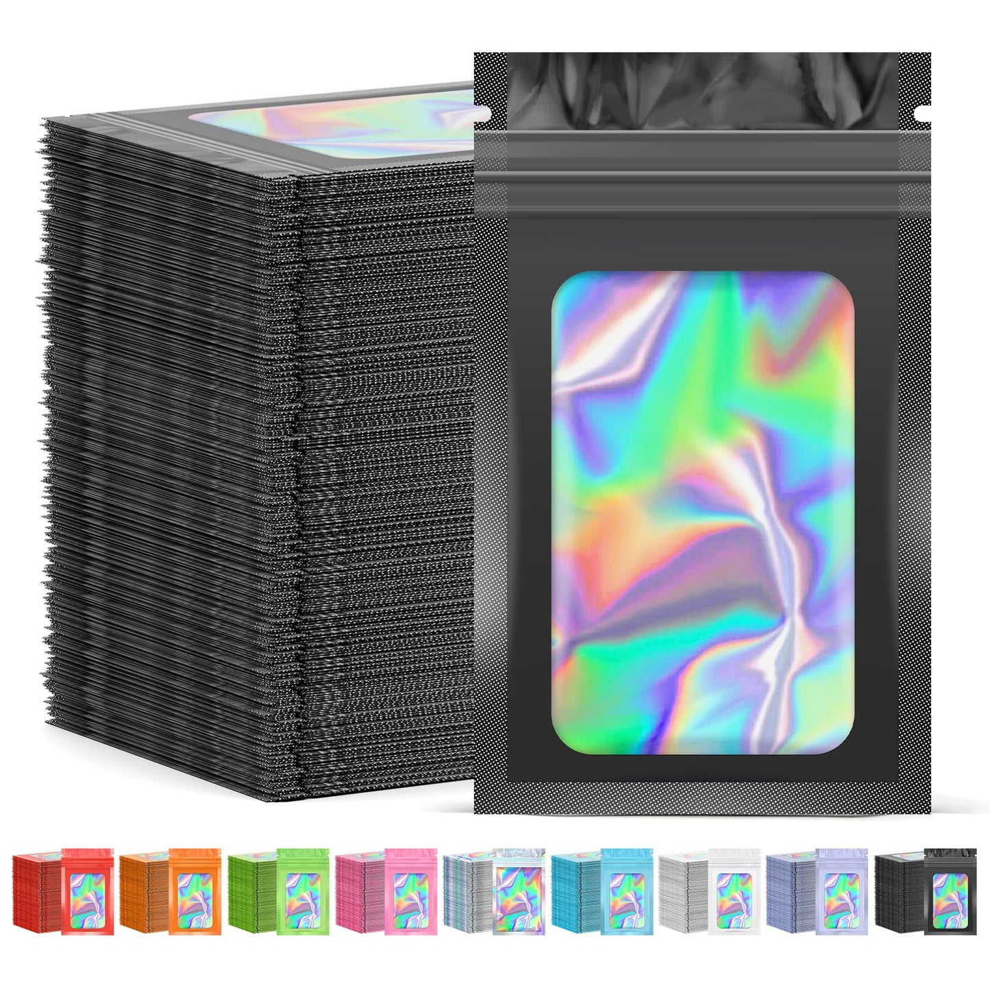 JETMORE 300 Pcs Mylar Bags, Smell Proof Bags Foil Pouch, Holographic Resealable Bags for Small Business, Candy Sample Jewelry Bag Sealable Packaging for Party Favor Food Storage (2.4x3.9in-Black)