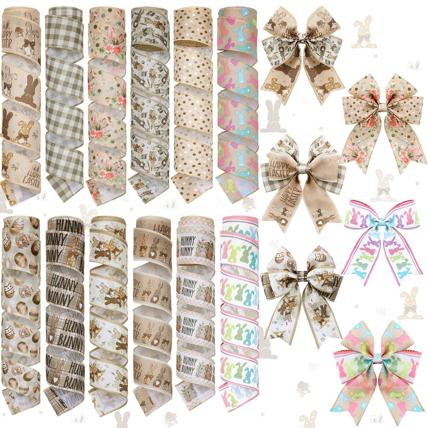12 Rolls Easter Bunny Wired Edge Ribbon for Wreaths 2 Inch x 60 Yards Happy Easter Floral Bunny Print Grosgrain Ribbon for Bow Gift Bow Crafts Party Supplies 12 Styles
