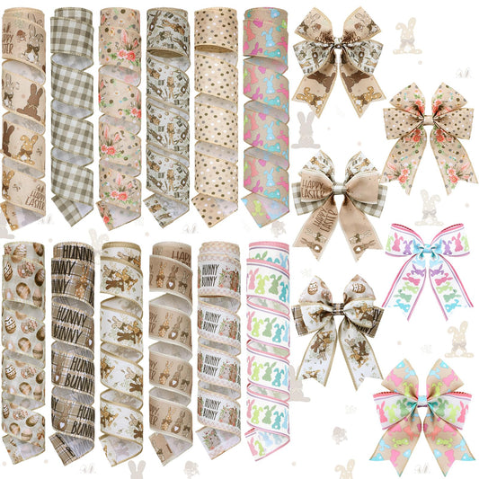 12 Rolls Easter Bunny Wired Edge Ribbon for Wreaths 2 Inch x 60 Yards Happy Easter Floral Bunny Print Grosgrain Ribbon for Bow Gift Bow Crafts Party Supplies 12 Styles