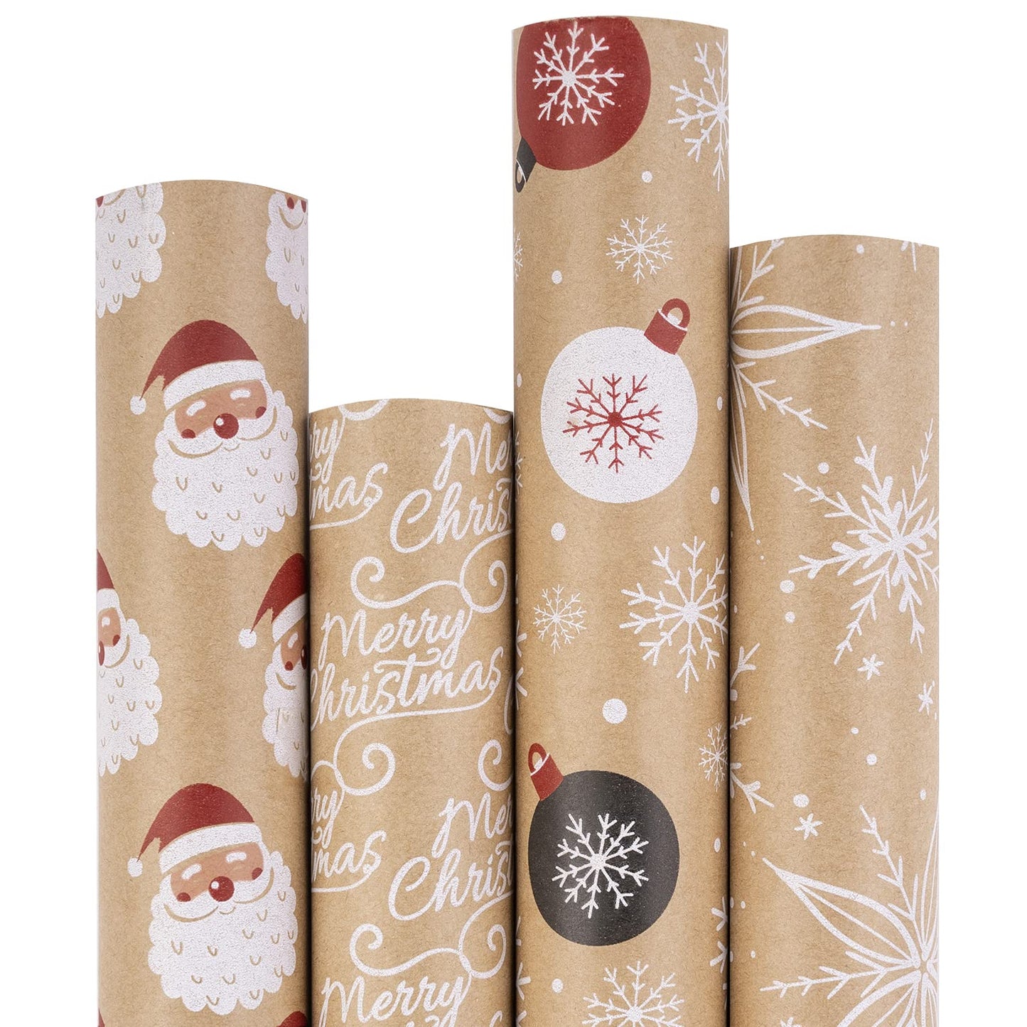 Christmas Wrapping Paper, Kraft Paper - Santa Claus, Snowflake, Christmas Ball and Merry Christmas - 4 Rolls - 30 inches x 10 feet per Roll