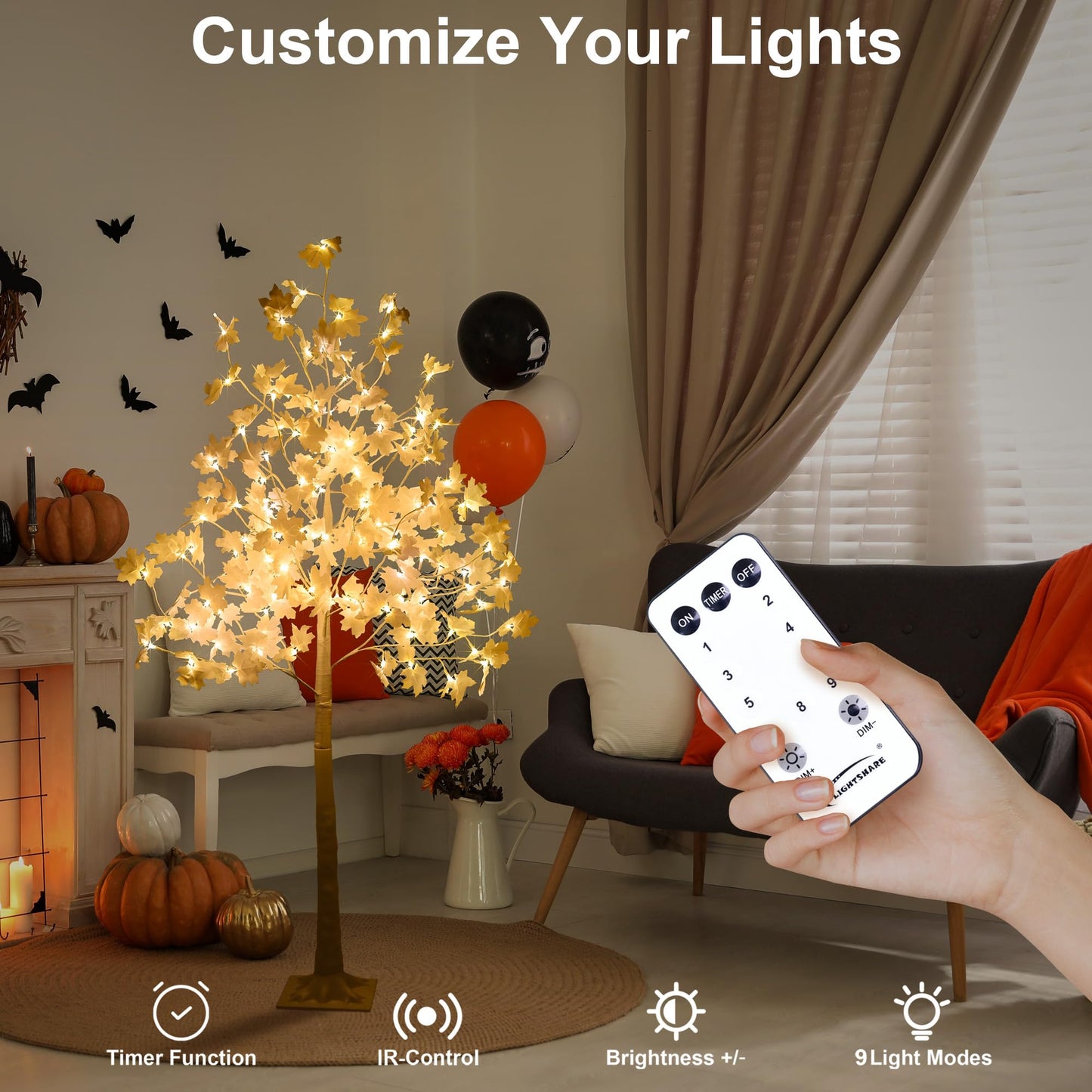 LIGHTSHARE 6 ft. Maple Tree - 120 LED Lights, Warm and Cold White, Mixed Colors, White Finish