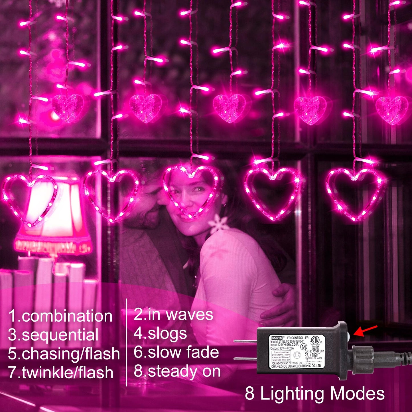 Valentine's Day Decoration, 138 LED Connectable Heart Curtain Lights with 8 Twinkle Modes, Plug in Pink Heart-Shaped Icicle Lights for Indoor Outdoor Garden Party Wedding Valentines Day Decor