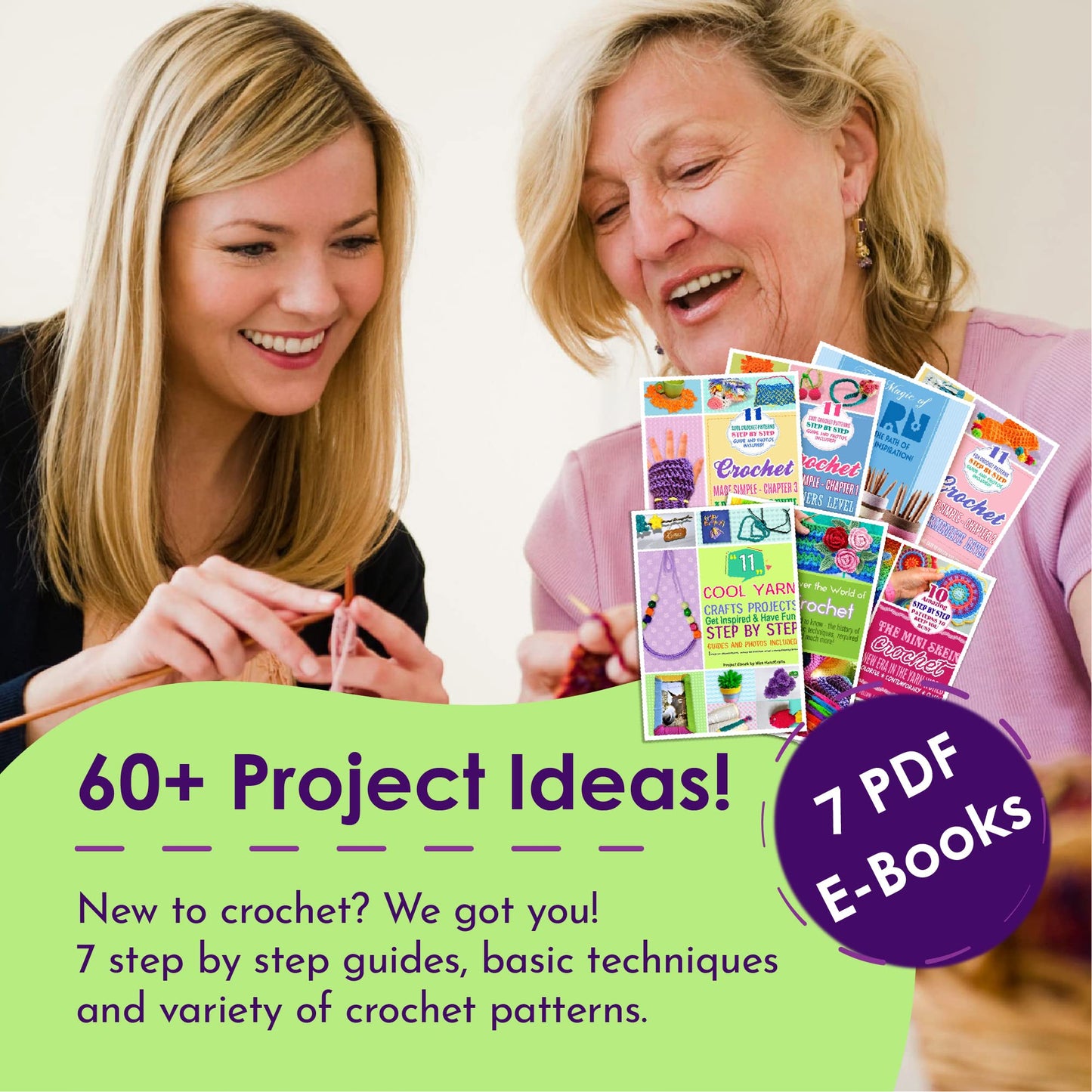 Mira Handcrafts 8 Acrylic Yarn Bonbons | Total of 525 yards Craft Yarn | Includes 2 Crochet Hooks, 2 Weaving Needles, 7 E-books | DK Yarn for Knitting and Crochet | Perfect Beginner Kit