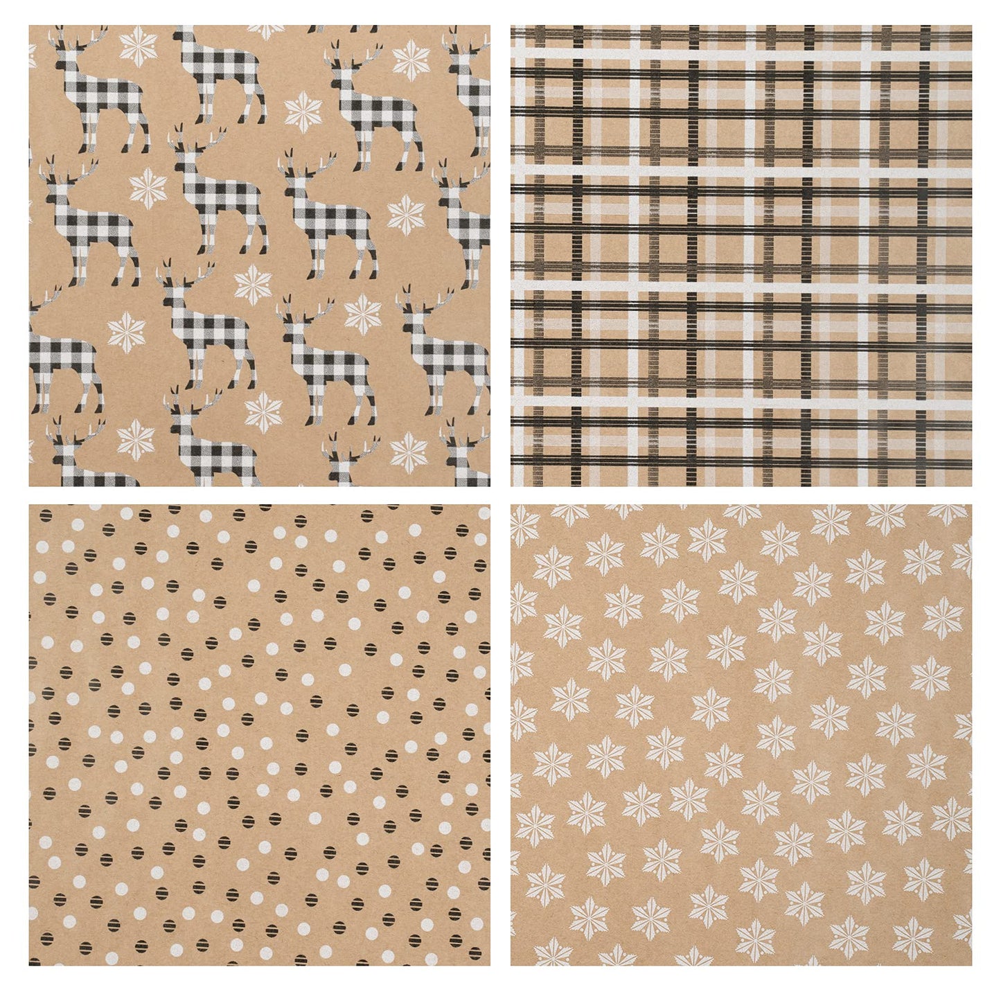 Christmas Wrapping Paper, Kraft Paper - Deer, Snowflake and Plaid Style Designs - 4 Rolls - 30 inches x 10 feet per Roll