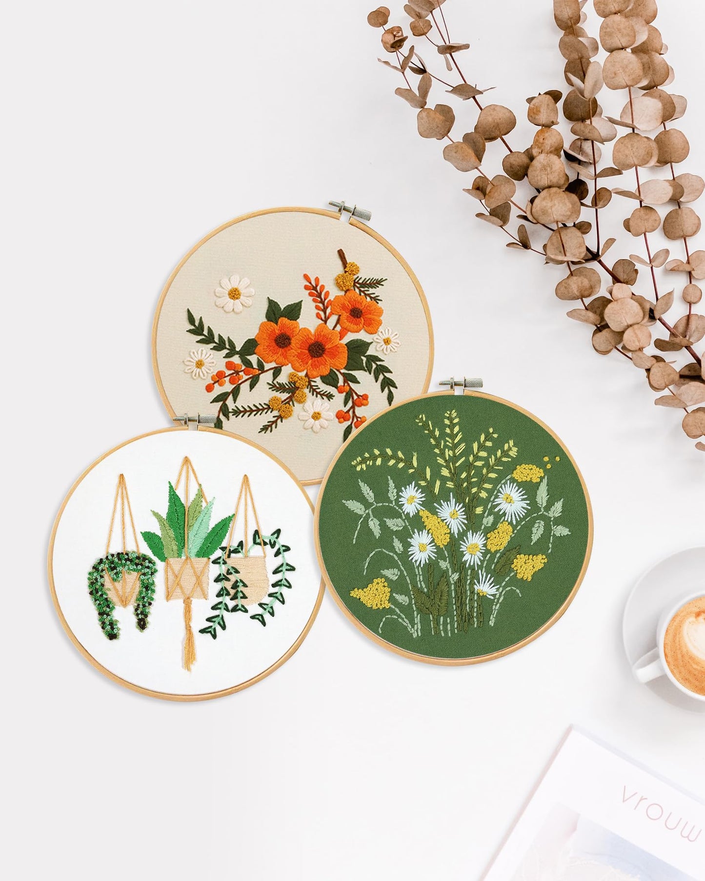 3 Sets Embroidery Kit for Beginners Needlepoint Cross Stitch Kits for Adults,Stitch Learning DIY Sets with Instruction Video,Stamped Floral Patterns,Hoop,Threads,Sewing Hobby