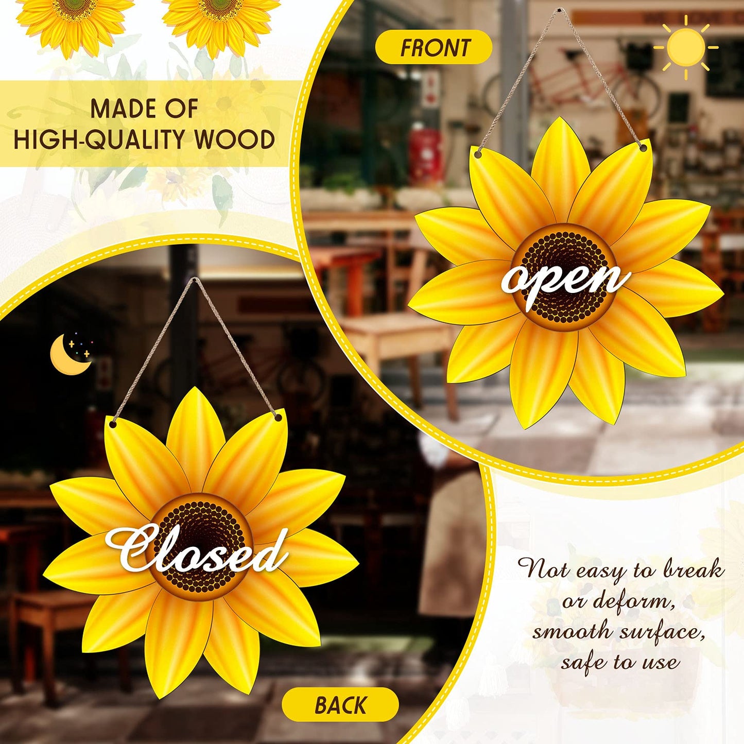 Unfinished Sunflower Wood Cutout Sunflower Sign Cutouts Sunflower Wood Door Hanger with 2.2 Yards Natural Rope for DIY Painting Hanging Welcome Sign Spring Summer Home Decoration (4)