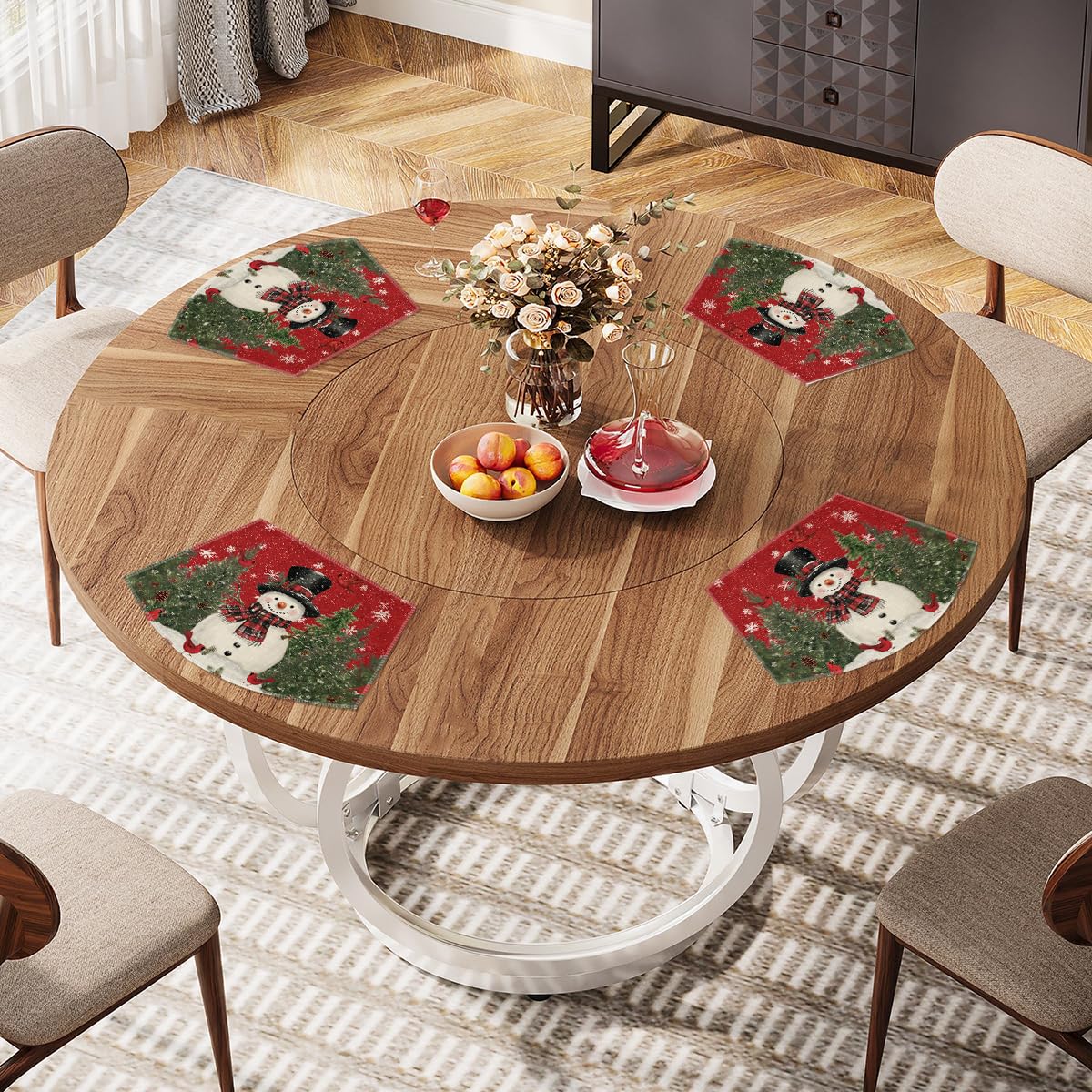 Red Christmas Snowman Wedge Placemats for Round Table Set of 6, Winter Seasonal Kitchen Dining Table Decoration for Indoor Party Home