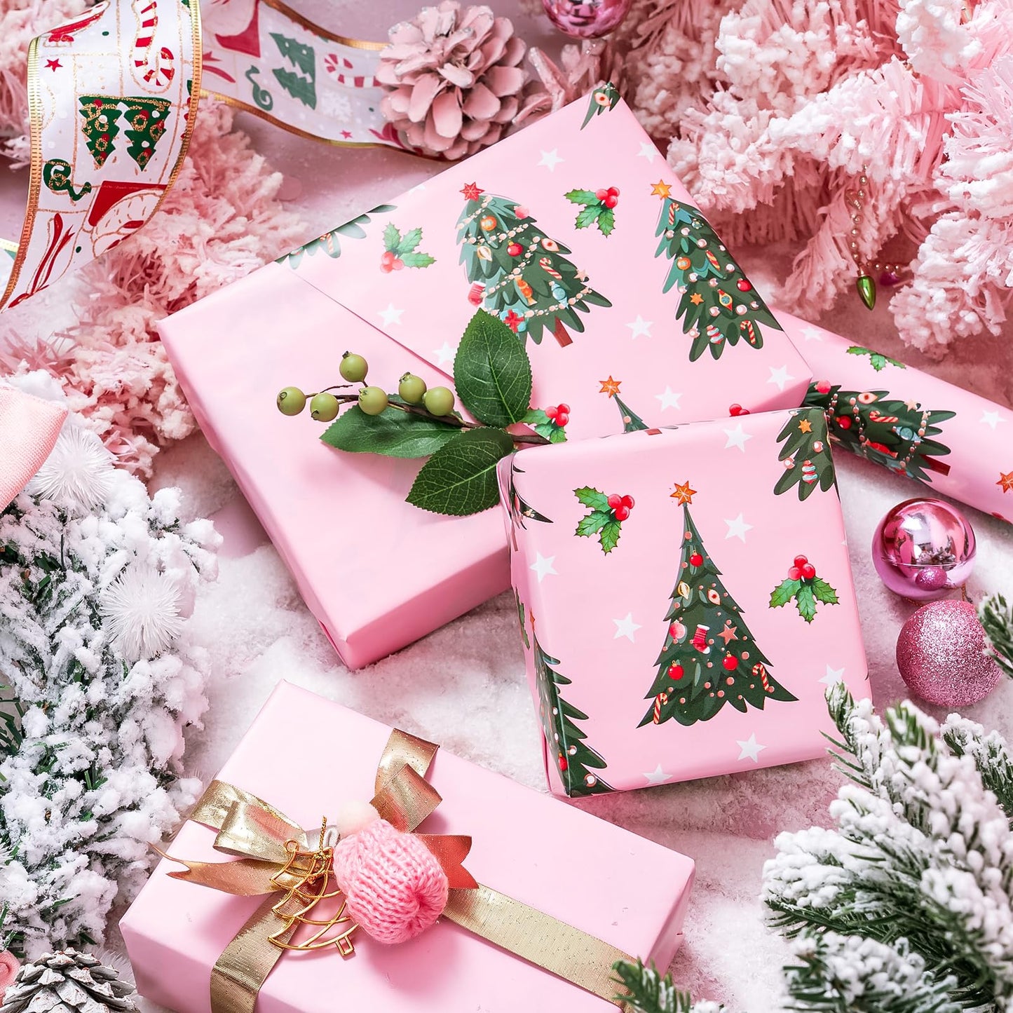 WRAPAHOLIC Reversible Pink Christmas Wrapping Paper - Mini Roll - 17 Inch x 33 Feet - Pink Christmas Tree Wrapping Paper for Holiday, Party Celebration