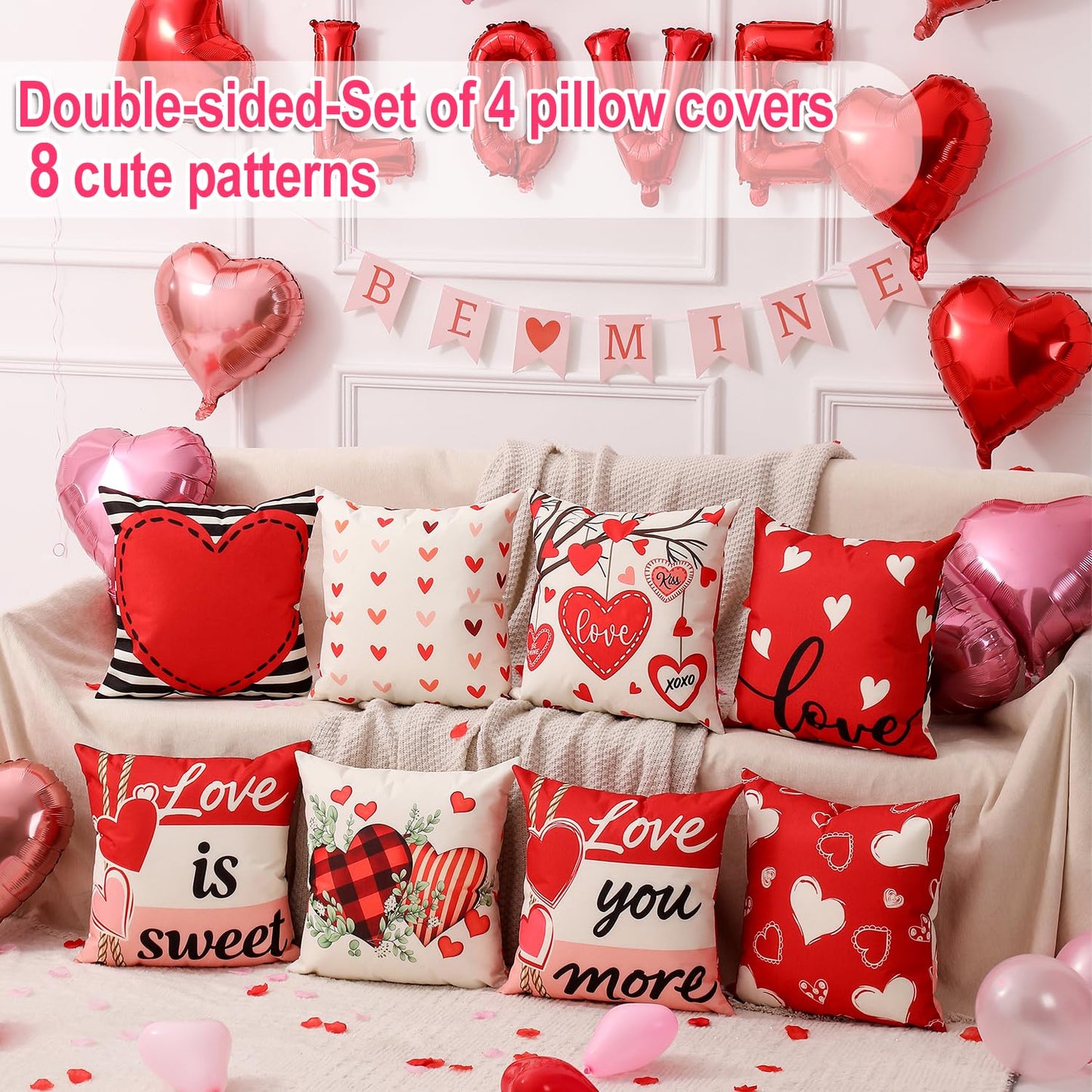 Valentine Decorations Set of 4 Double-Sided Valentine's Day Throw Pillow Covers 18" x 18", Reversible 8 Designs, with 16 pcs Heart & Love Balloons, Stickers, Complete Valentines Decor Kit