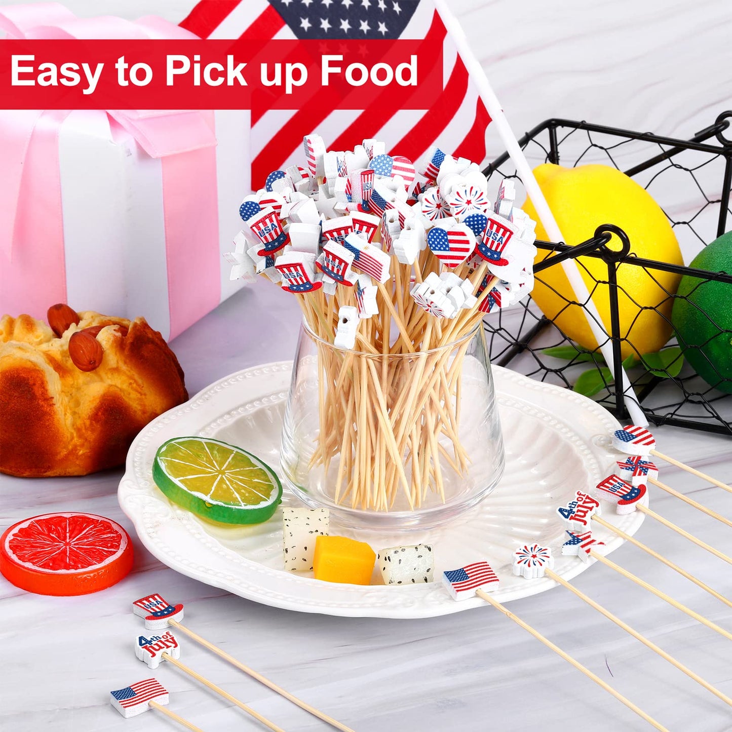 Aodaer 200 Pieces 4th of July Mini American Patriotic Cocktail Picks Independece Day Toothpicks Cocktail Sticks Wooden Cupcake Toppers for Food Fruit Sandwich Appetizer Drinks Party Decoration