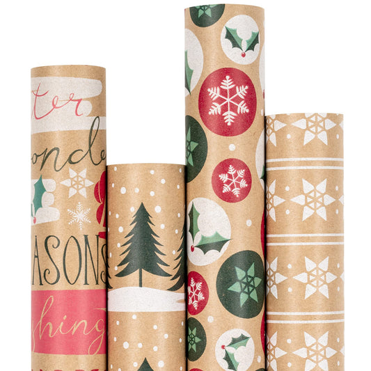Christmas Wrapping Paper, Kraft Paper - Christmas Tree, Snowflake and Seasonal Brocade Style Designs - 4 Rolls - 30 inches x 10 feet per Roll