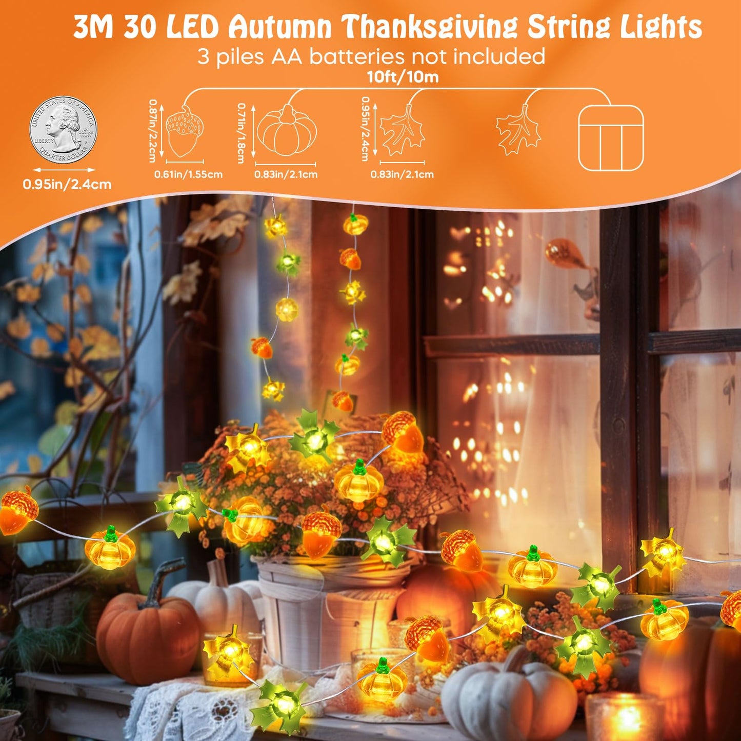 Coquimbo Fall Decorations for Home, 10ft 30 LED Pumpkin Maple Leaf Lights Battery Operated Fairy String Lights Autumn Harvest Table Indoor Outdoor Decor Halloween Thanksgiving Party Decorations Gifts