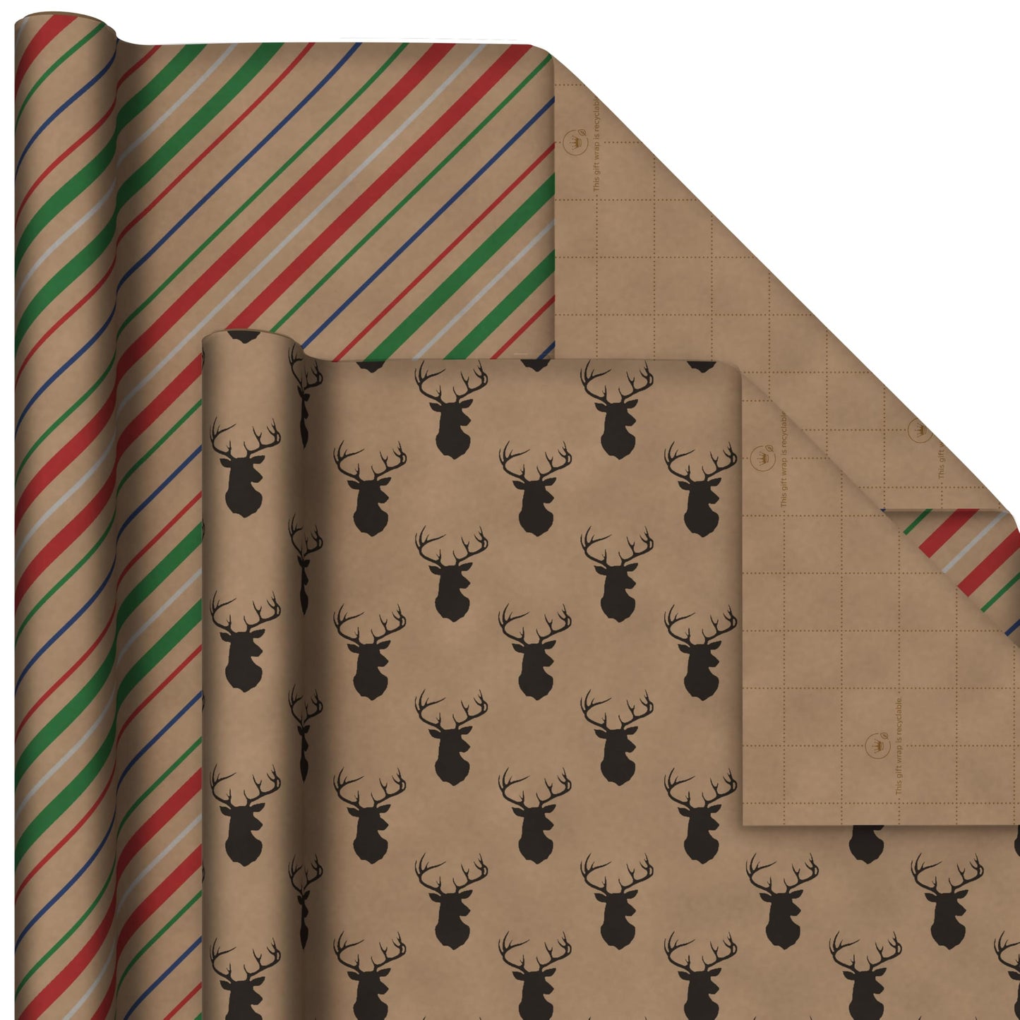 Recyclable Christmas Wrapping Paper for Kids with Cut Lines on Reverse (4 Rolls: 88 sq. ft. ttl) Kraft Brown with Christmas Lights, Deer, Snowflakes, Red, Green, Blue Stripes (0005JXW1212)