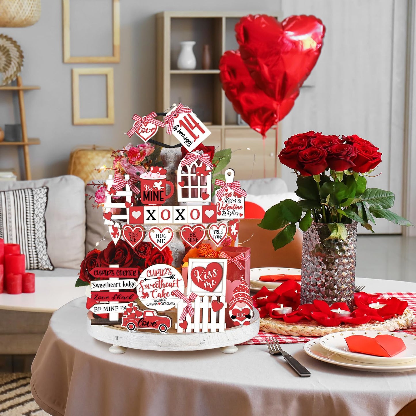 24 Pcs Valentine's Day Tiered Tray Decorations Farmhouse Gnome Heart Wooden (Tray not included)