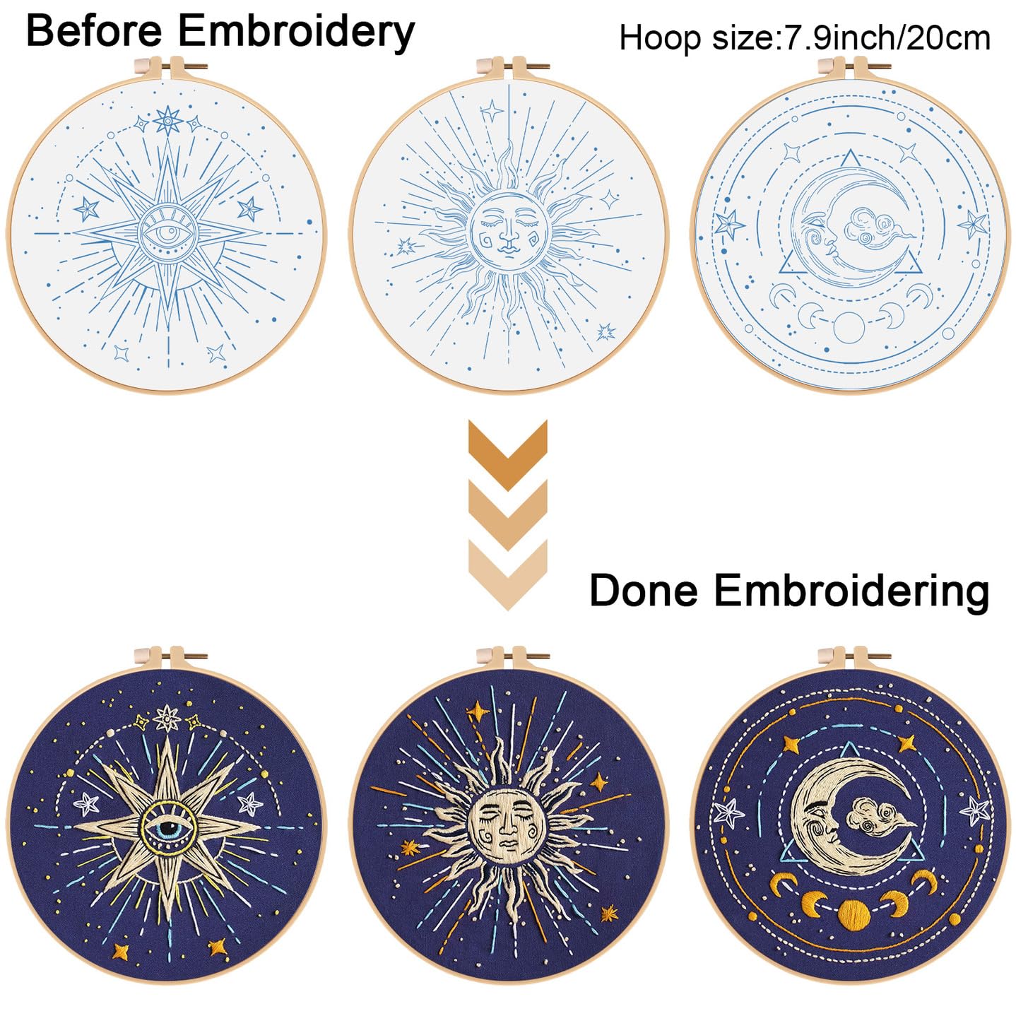 Louise Maelys 3 Set Tarot Embroidery Kits for Beginners,Cross Stitch Kit for Adults,Starters DIY Needlepoint Including Embroidery Cloth with Sun Moon Star Evil Eye Pattern and Instructions