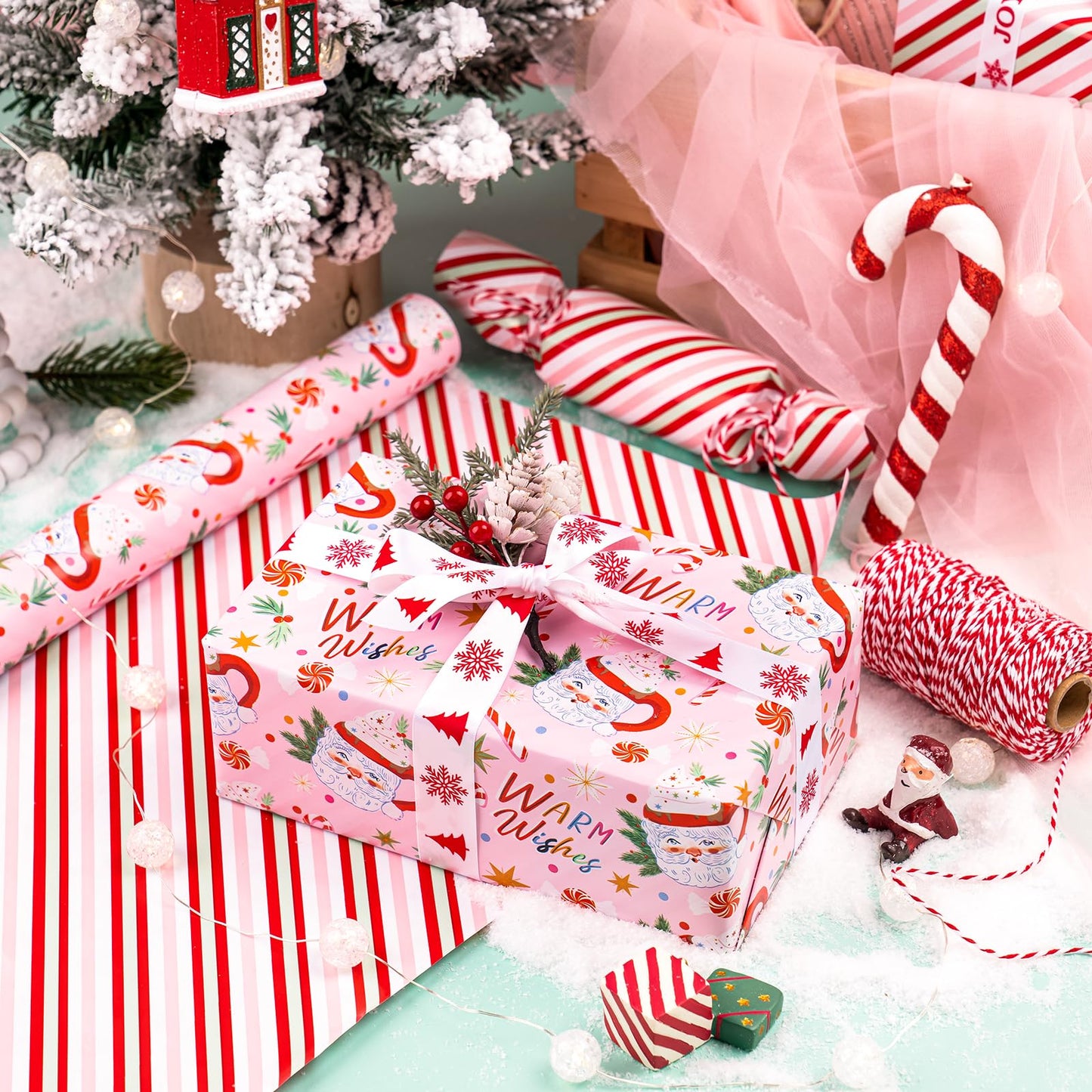 Reversible Christmas Wrapping Paper - Mini Roll - 17 Inch x 33 Feet - Santa Claus Cup and Stripe Wrapping Paper for Chrsitmas, Holiday, Party Celebration