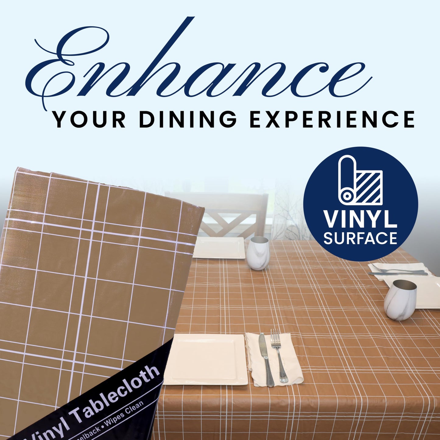 BRODER MFG. INC. White Lines Flannel Backed Vinyl Tablecloth - Brown, 60x84 Oblong (Rectangle) | Perfect for Picnics, Barbeques, Parties, Camping, Special Occasions, Gatherings, and Everyday Use