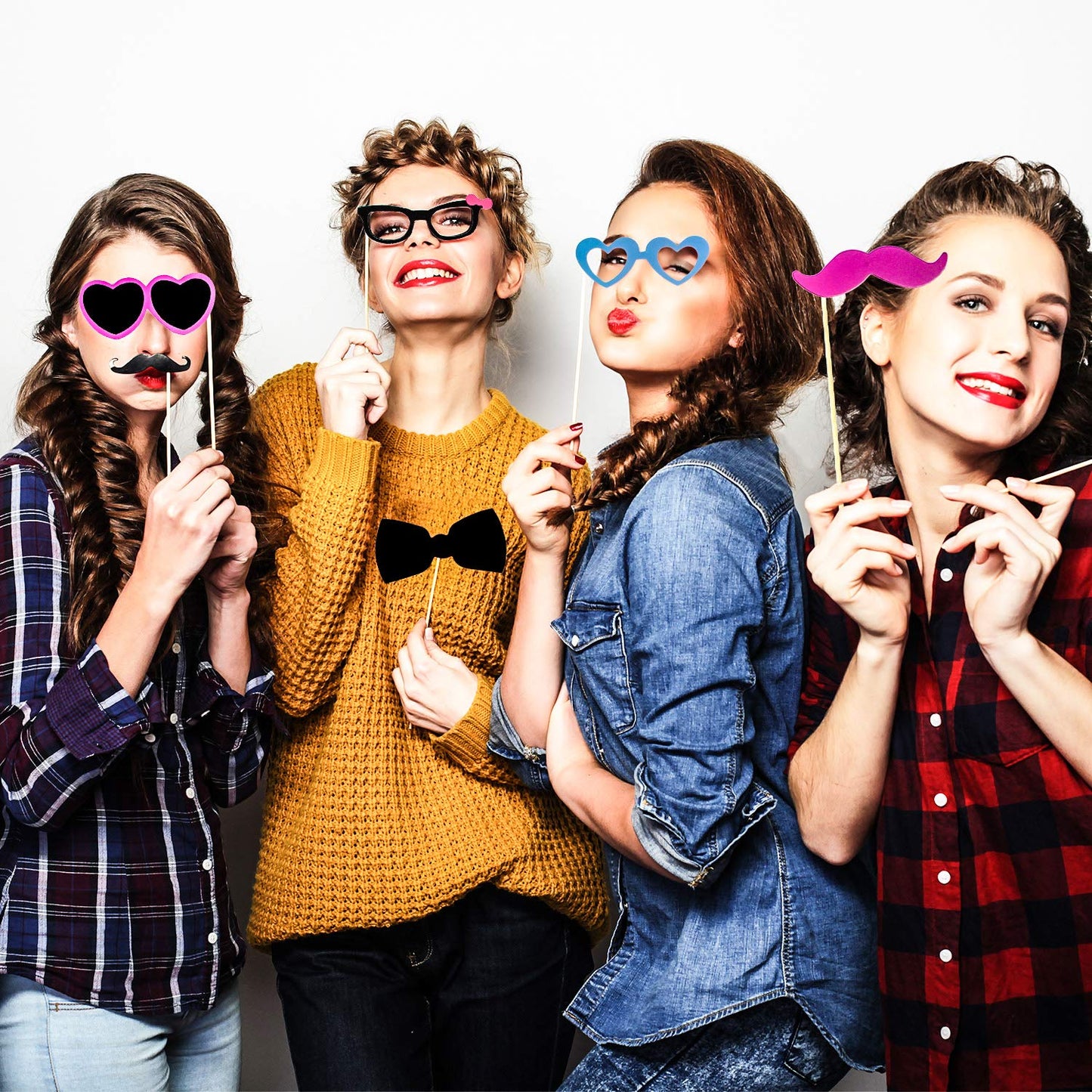 Gejoy 60 Pcs Graduation Photo Booth Props DIY Kit Funny Selfie Props Accessories for Grad Wedding Prom Party Supplies Favors with Mustache on a Stick, Hats, Glasses, Mouth, Bowler, Bowties(Classic)