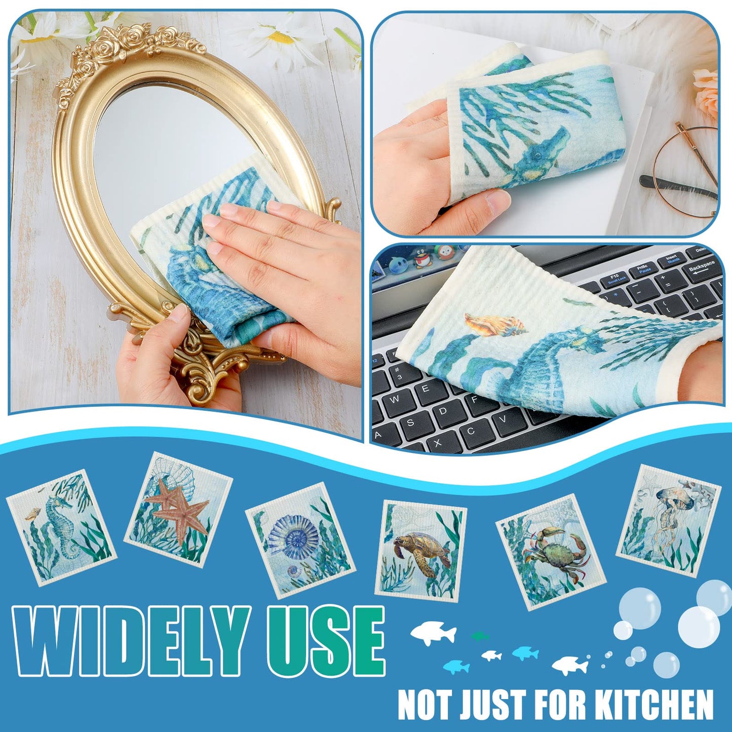 6 Pcs Swedish Kitchen Dish Towels Kitchen Cloths Reusable Sponge Cleaning Cloths Absorbent Dish Cloth Quick Drying Washable Cleaning Wipes No Odor Hand Towel (Marine Life)