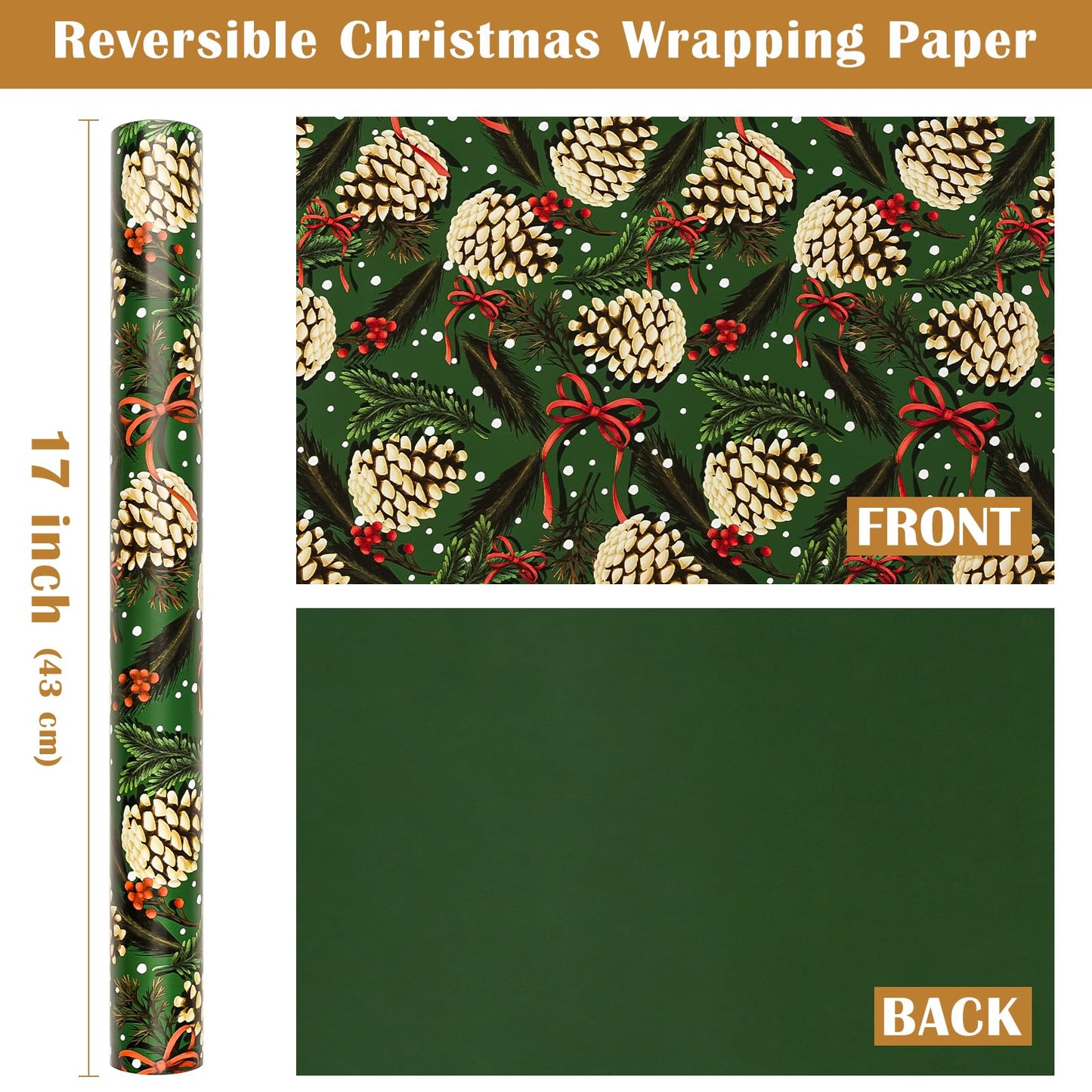 Reversible Green Christmas Wrapping Paper - Mini Roll - 17 Inch x 33 Feet - Pinecones with Red Bow Wrapping Paper and Solid Green for Xmas Holiday, Party Celebration